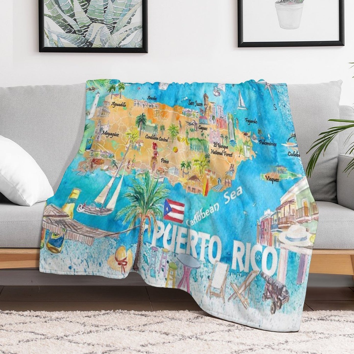 Puerto Rico Islands Illustrated Travel Map with Roads And Highlights Shrink-resistant Throw Blanket