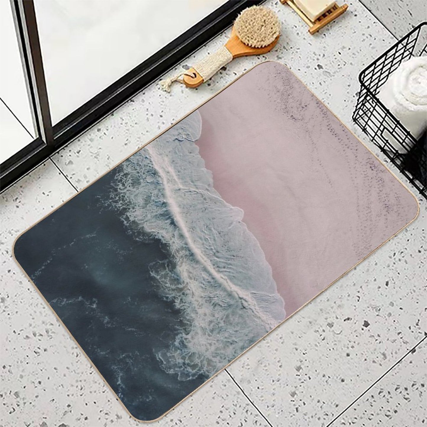 Aerial Ocean Beach Print, Pink Sand, Crashing Waves, Dark Blue Sea, Travel Photography Easy To Clean Bath Mat