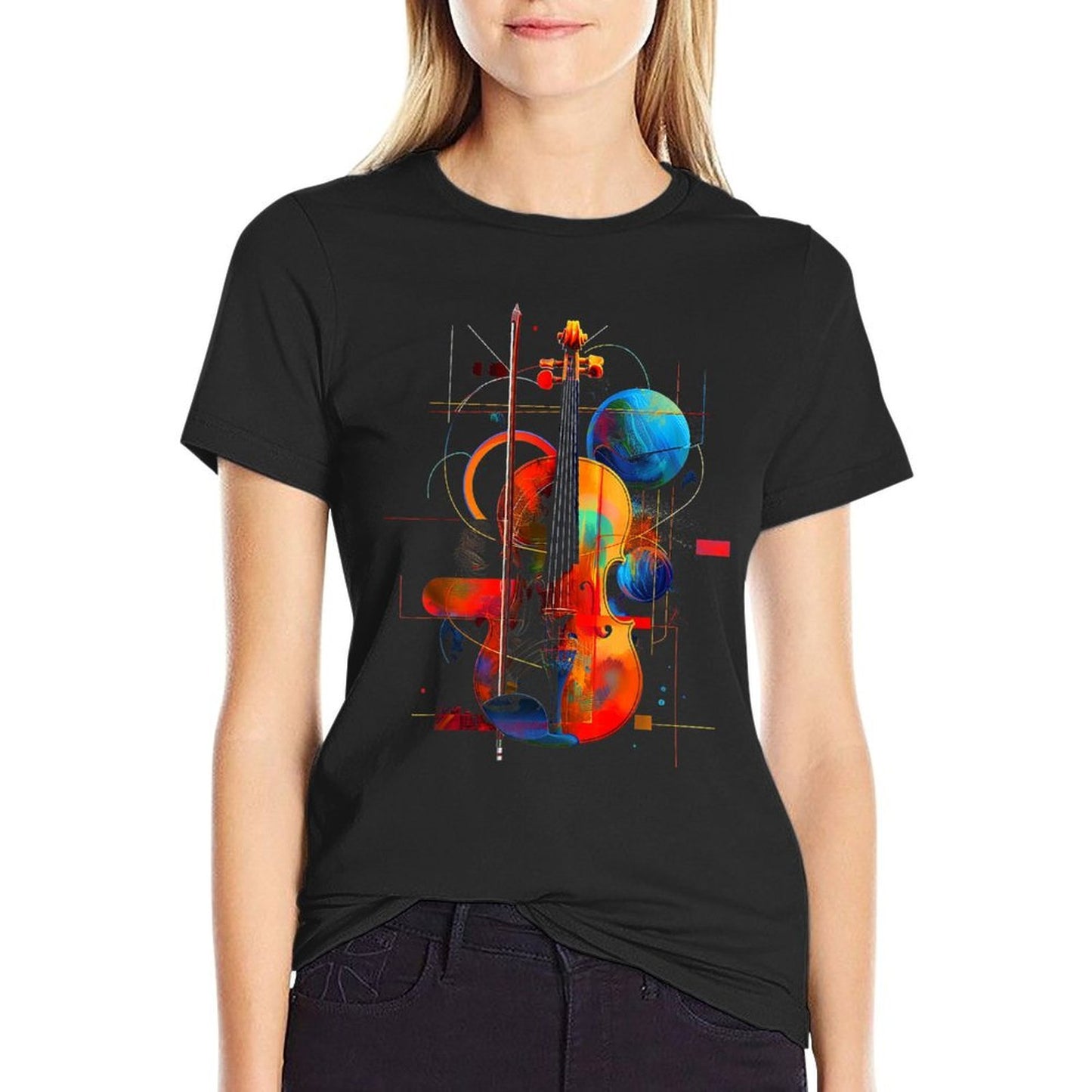 Violin Art Music Geometric Colorful Planets Motif Violin Breathable T-Shirt