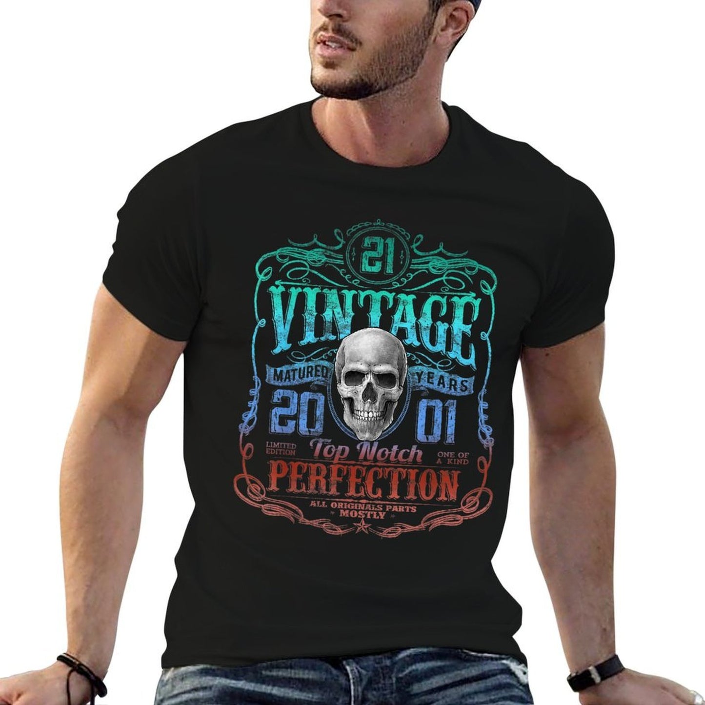 Vintage 2001 Limited Edition 2001 21 Years Old 21st Birthday Ribbed Collar T-Shirt