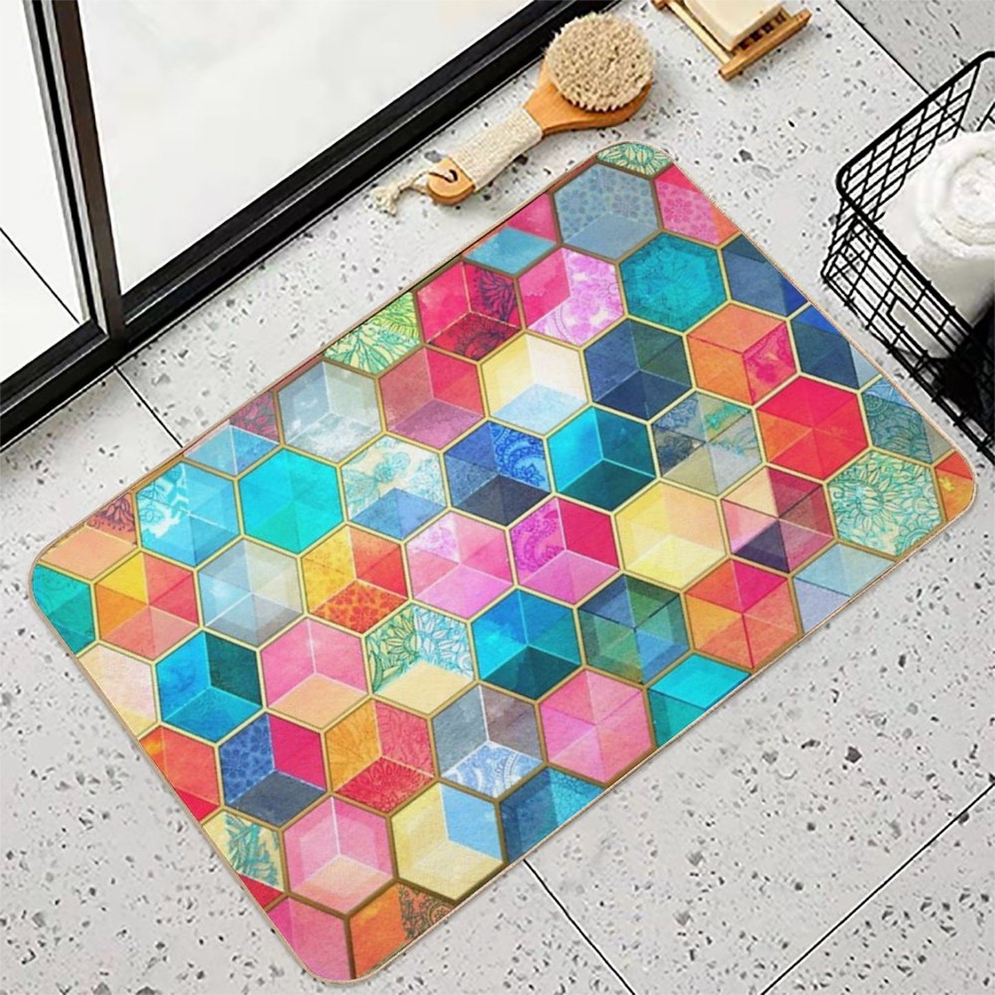 Crystal Bohemian Honeycomb Cubes - Colorful Hexagon Pattern Non-Slip Bath Mat