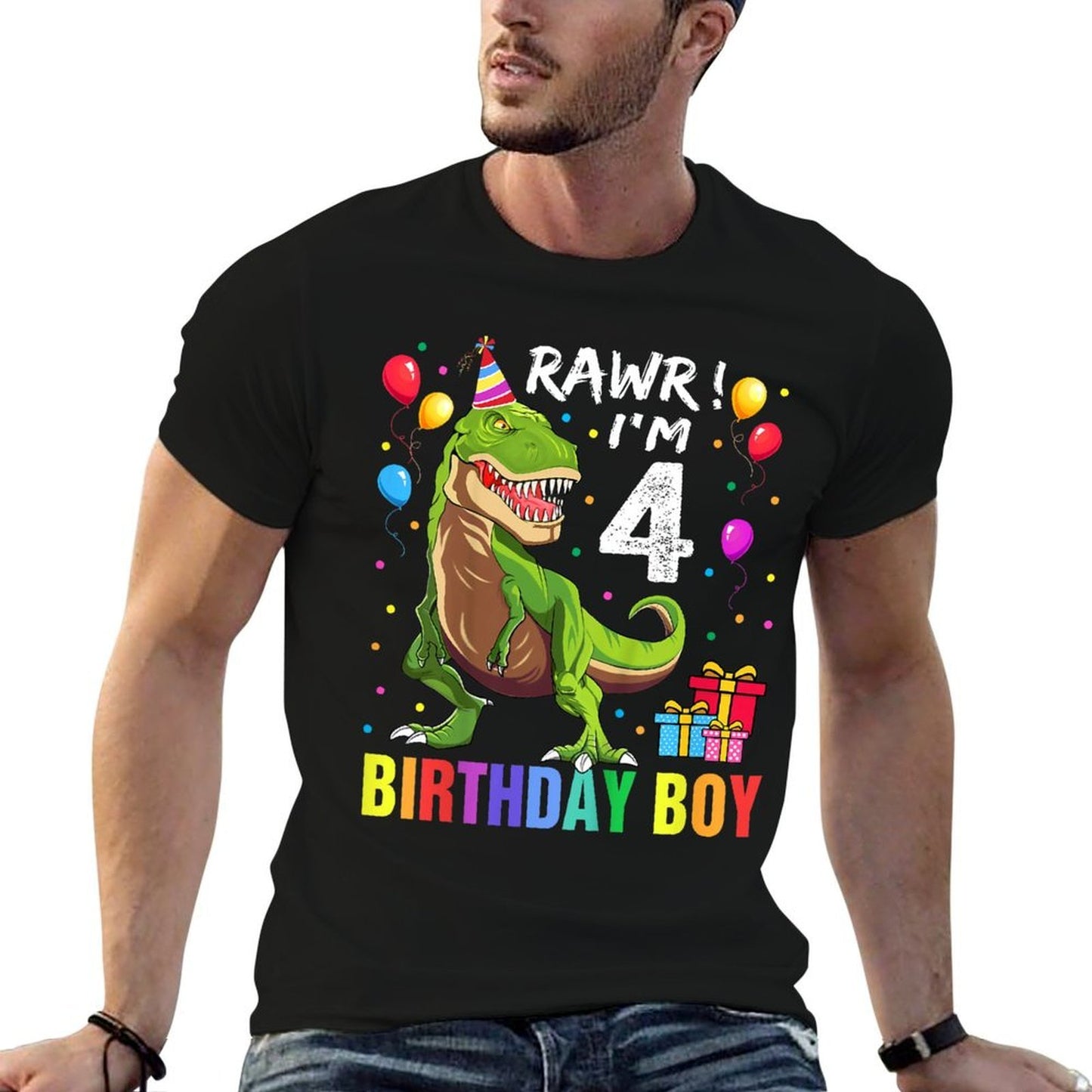 Kids 4 Year Old 4th Birthday Boy T Rex Dinosaur Cotton T-Shirt