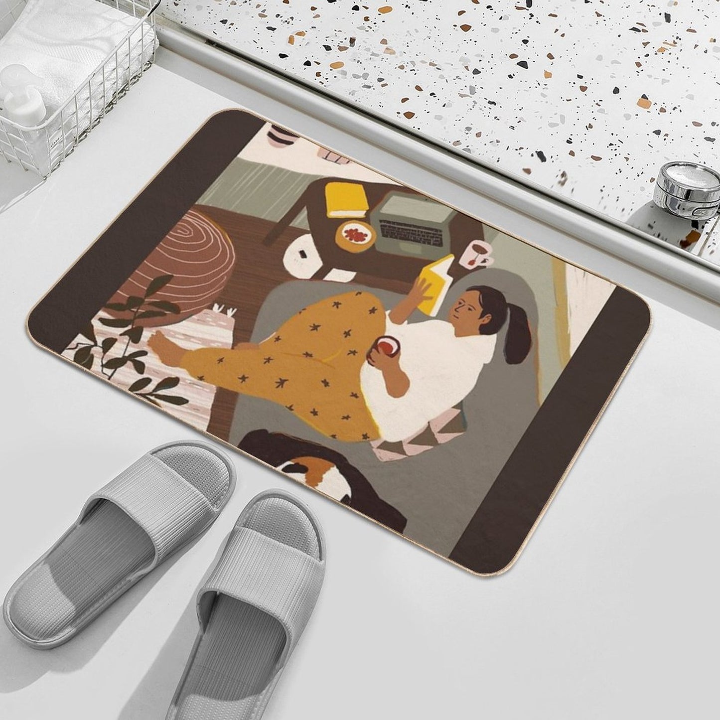 Girl Is Reading A Book at Cozy Home Interior with A Cat Anti-Trip Bath Mat