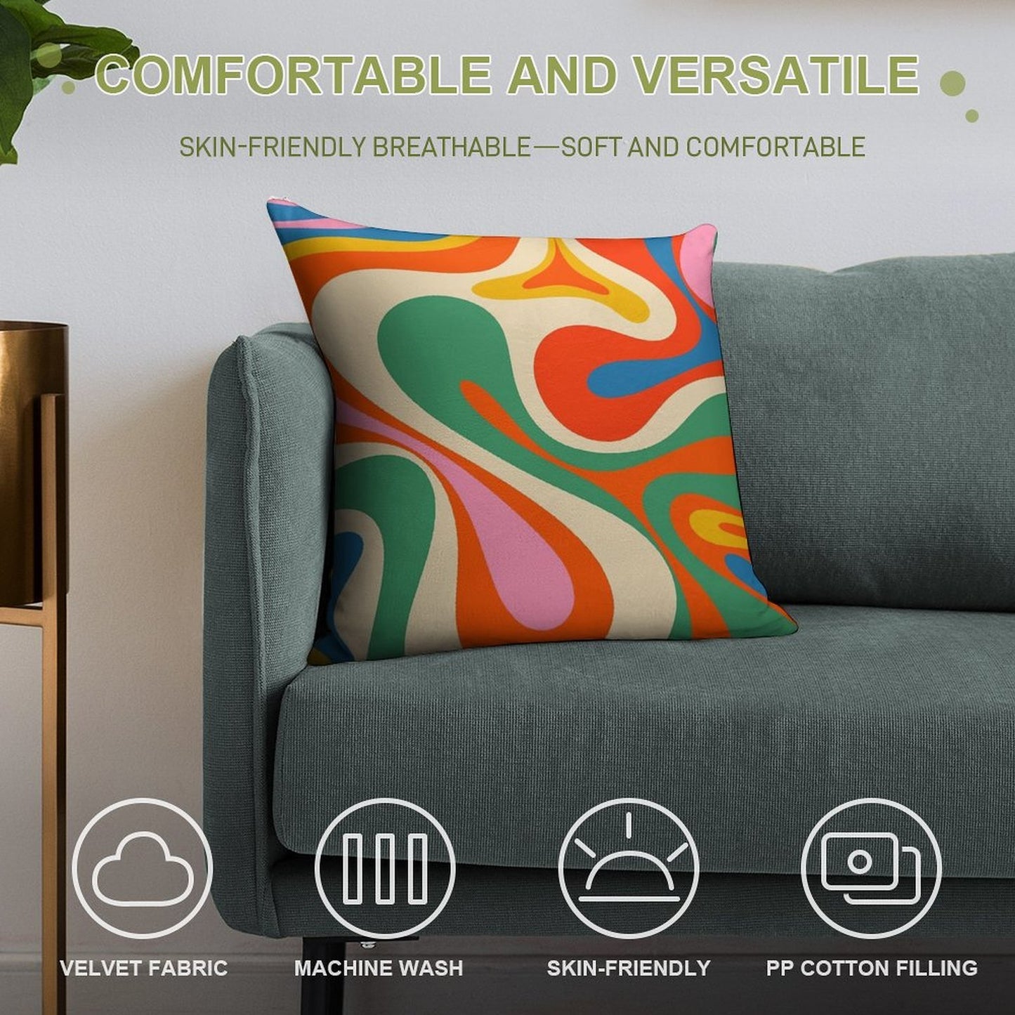 Mod Swirl Colorful Retro Abstract Pattern in Rainbow Pop Colours Soft High-Density Material Throw Pillow