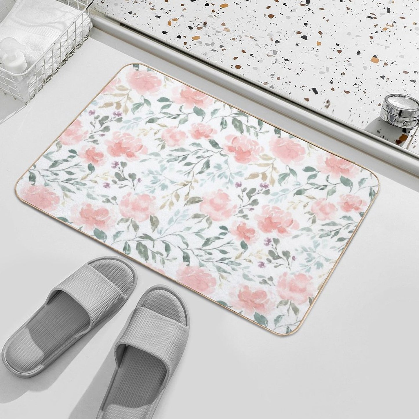 Watercolor Peonies And Delicate Leaves - Hand Painted Anti-Trip Bath Mat