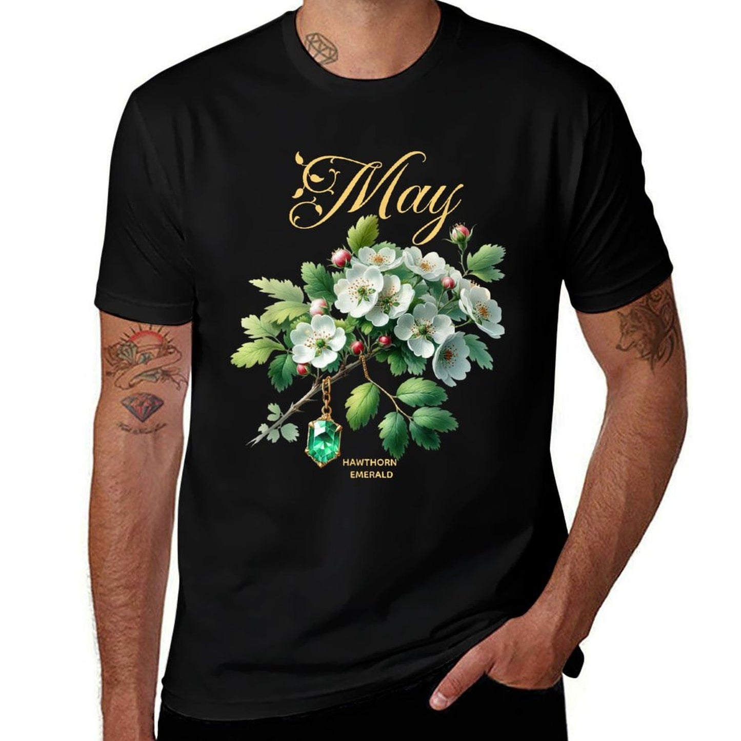 May Birth Month Flower & Gemstone Gifts - Hawthorn & Emerald  Odor-resistant T-Shirt