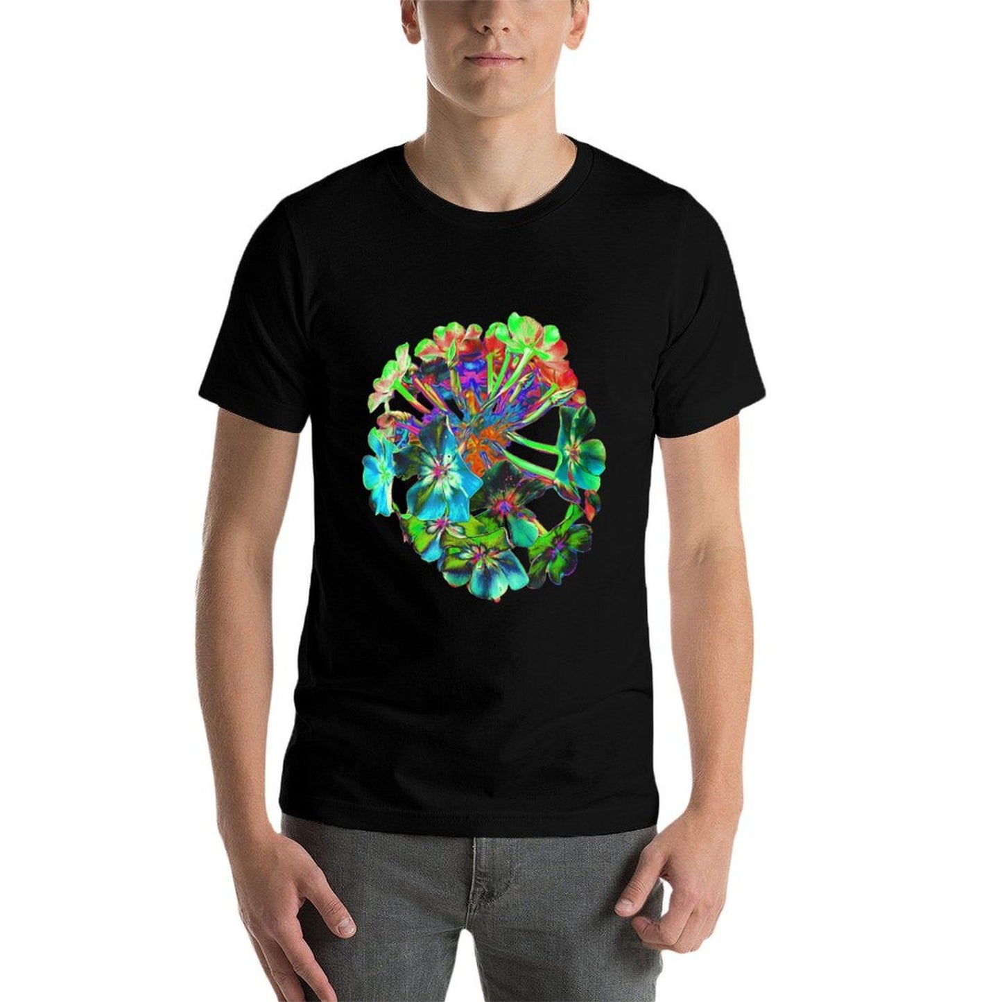 Blooming Blue And Lime Green Flowers Cotton T-Shirt