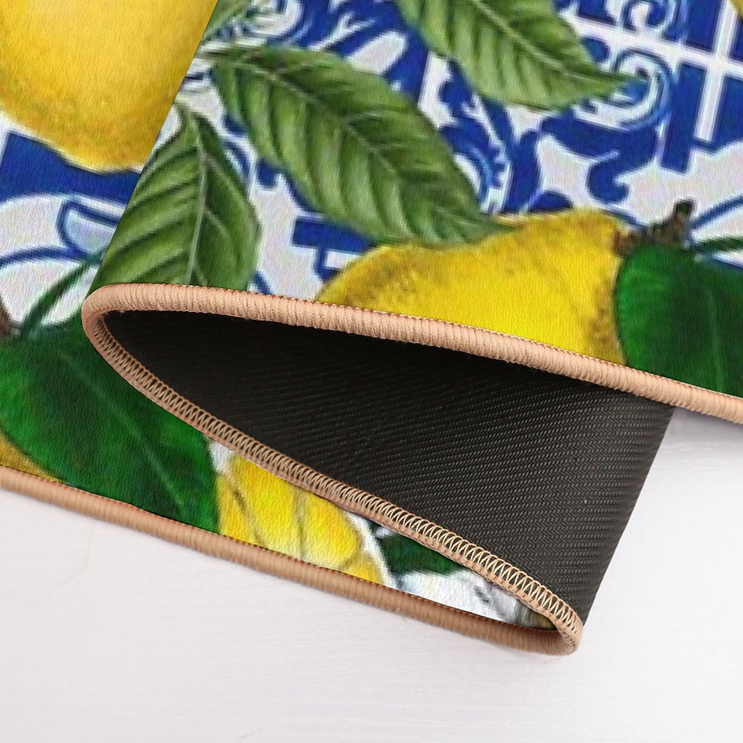 Mediterranean Lemon on Blue Ceramic Tiles Absorbent Bath Mat