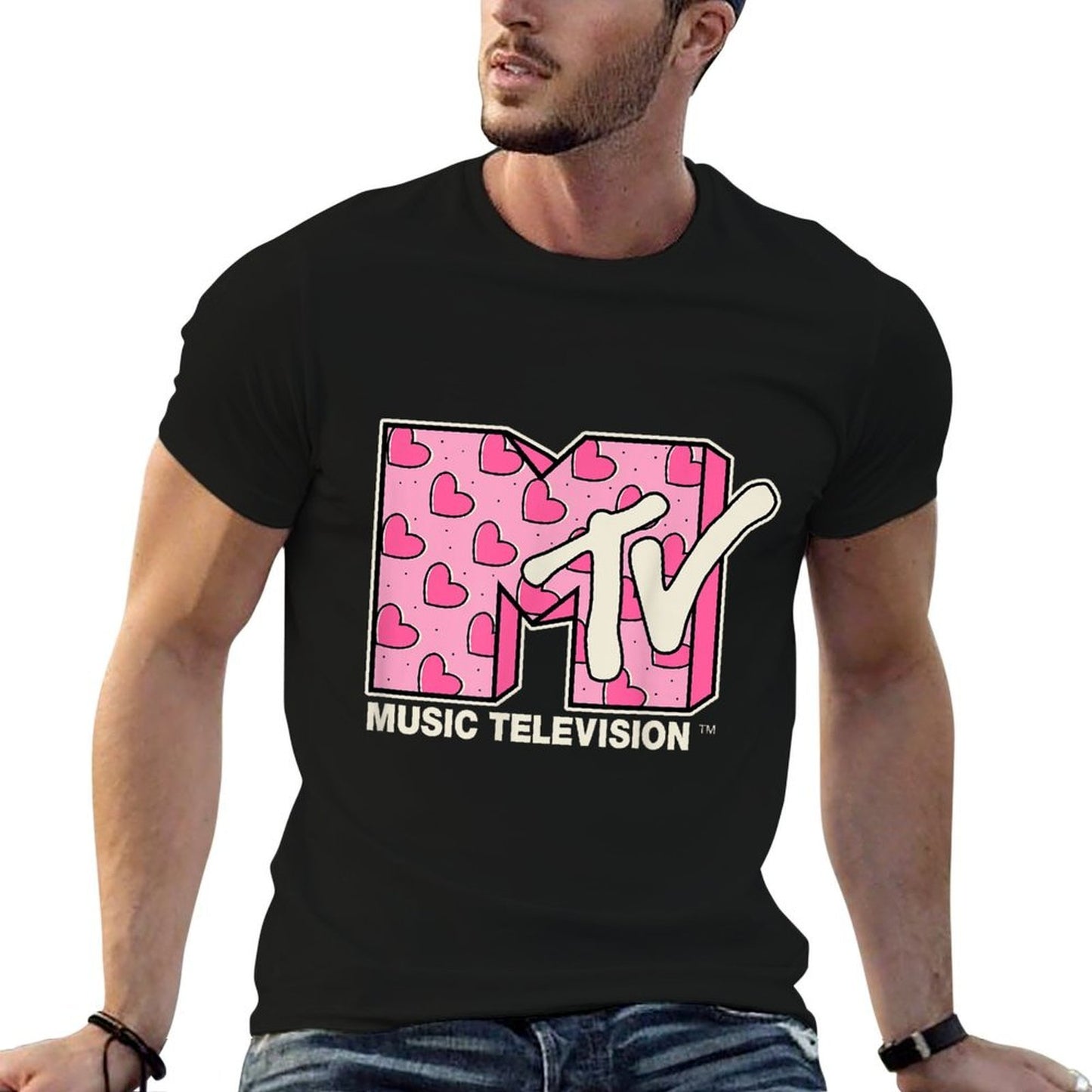 MTV Music Television Valentines Day Heart Pattern Fill Cotton T-Shirt