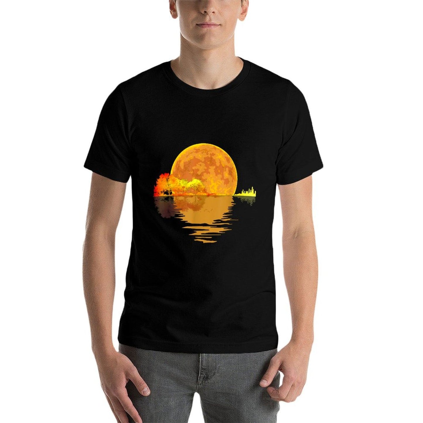 Acoustic Guitar Moon Lake Shadow Music Lover Guitarist Polyester Blend T-Shirt