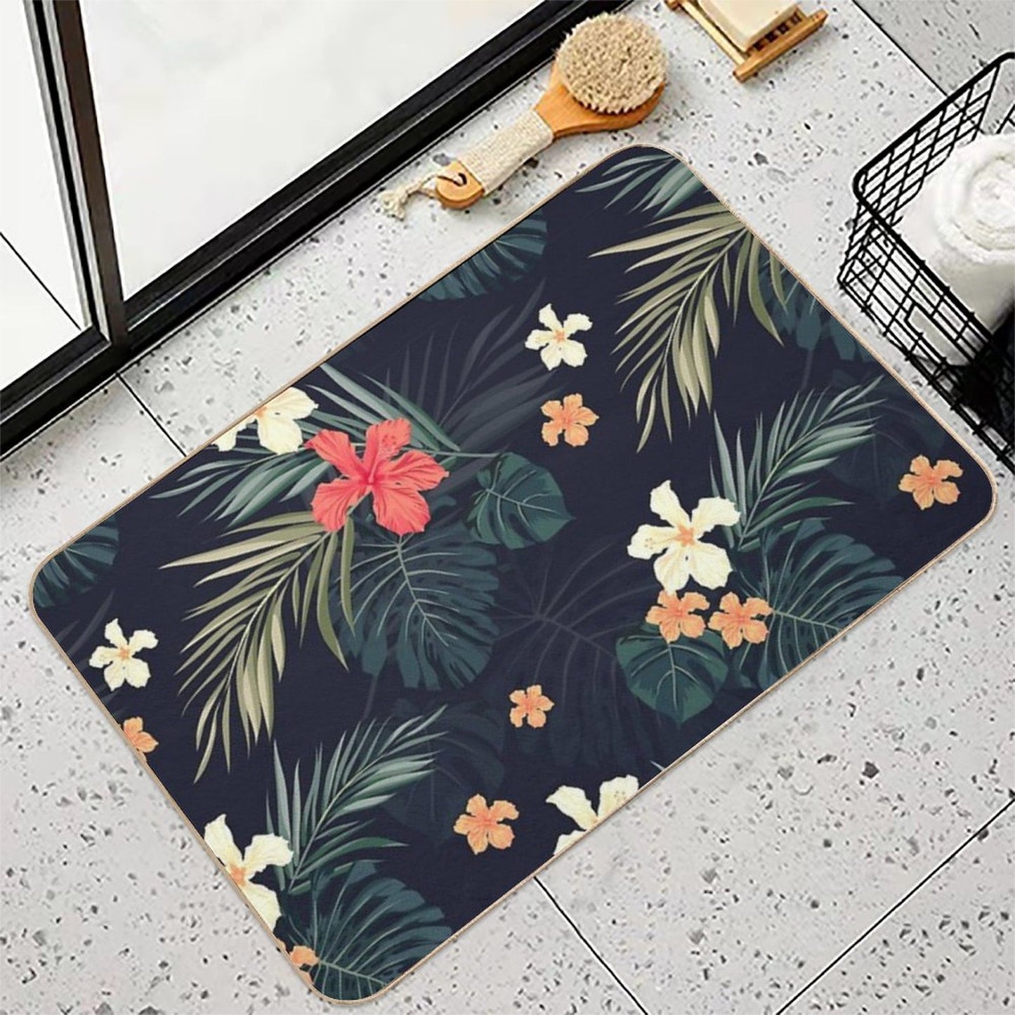 Dark Tropical Flowers Rapid-Drying Bath Mat