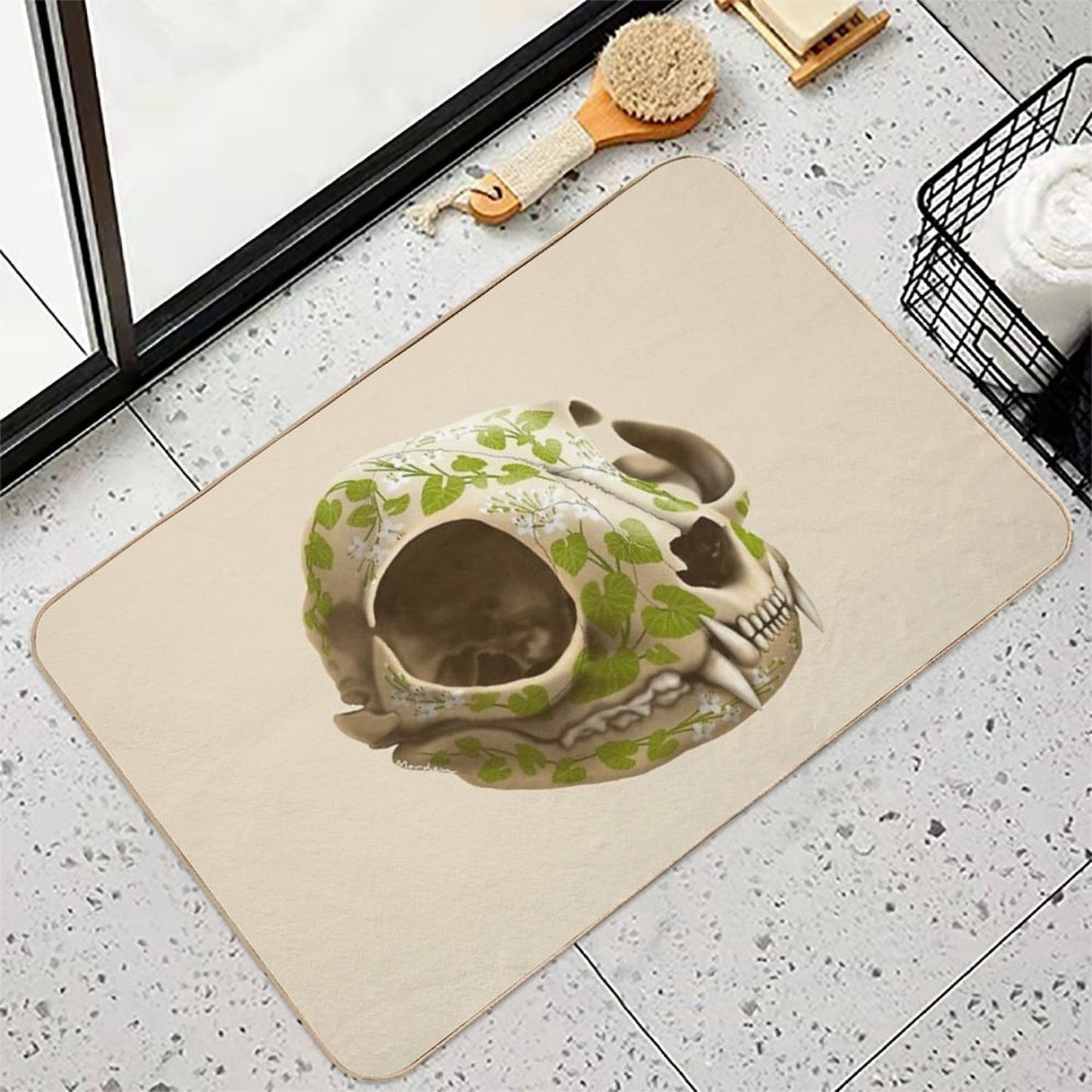 Cat Skull Decorated with Wasabi Flowers Non-Slip Bath Mat