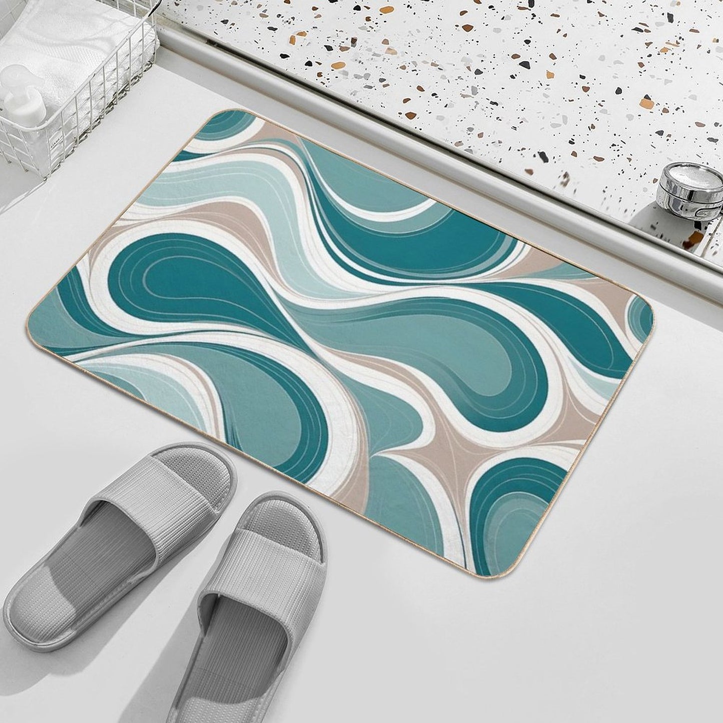 Copy of Mid Century Modern Liquid Swirl, Beige, Green #2 Repositionable Bath Mat