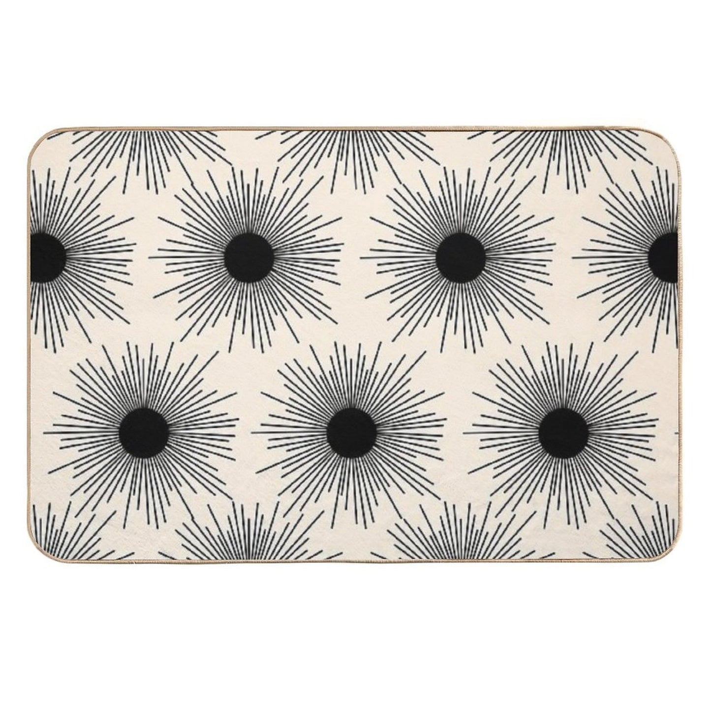 Sunburst Mid-Century Modern Sun Pattern in Black And Almond Cream Easy Maintenance Bath Mat