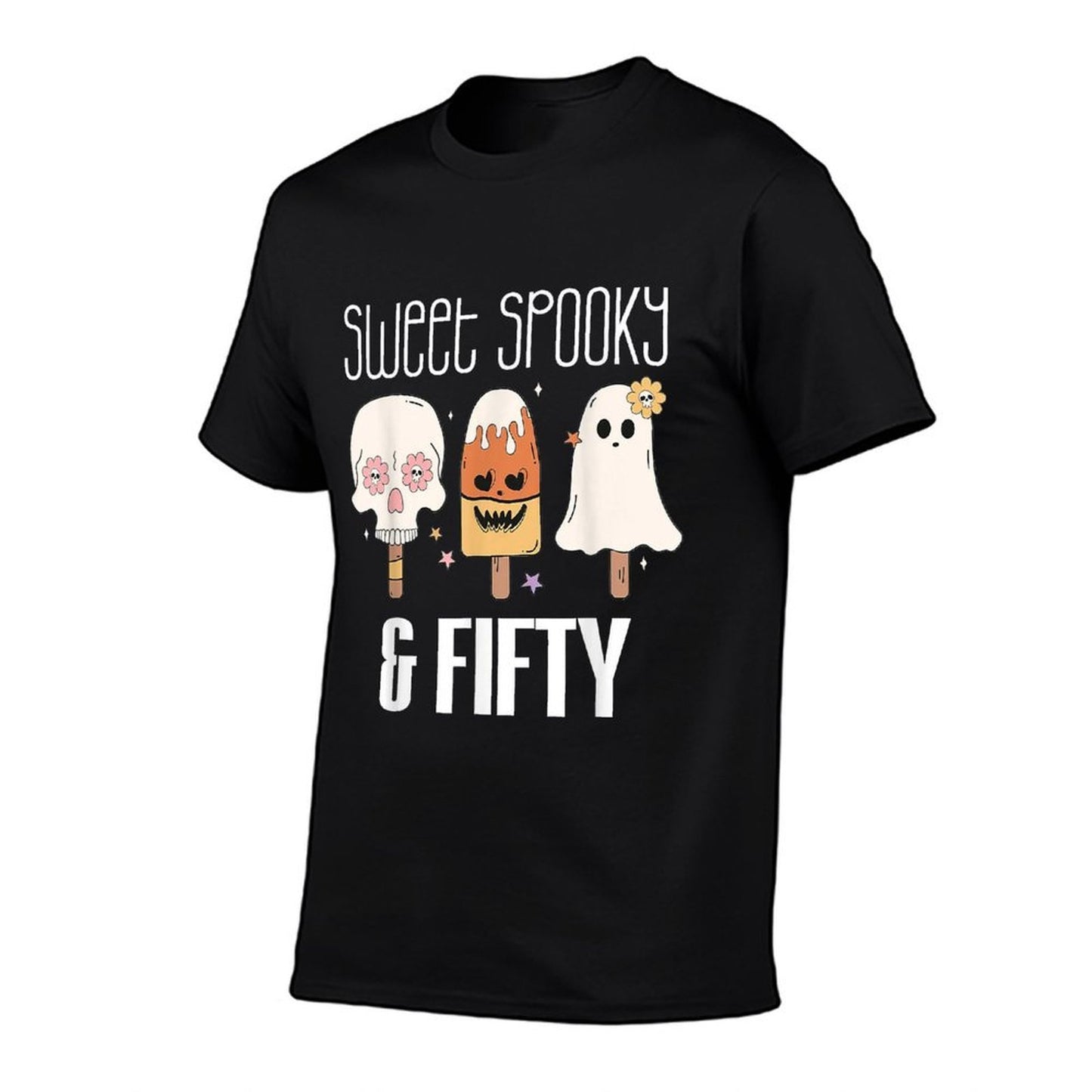 50th Birthday Sweet Spooky Forty Skull Ghost Ice Cream Ribbed Collar T-Shirt