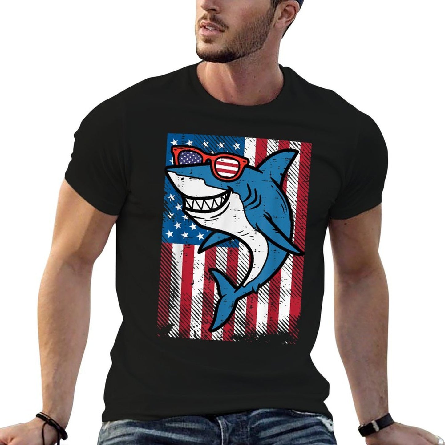 4th July Shark US Independence Day America Men Boys Kid Cotton T-Shirt