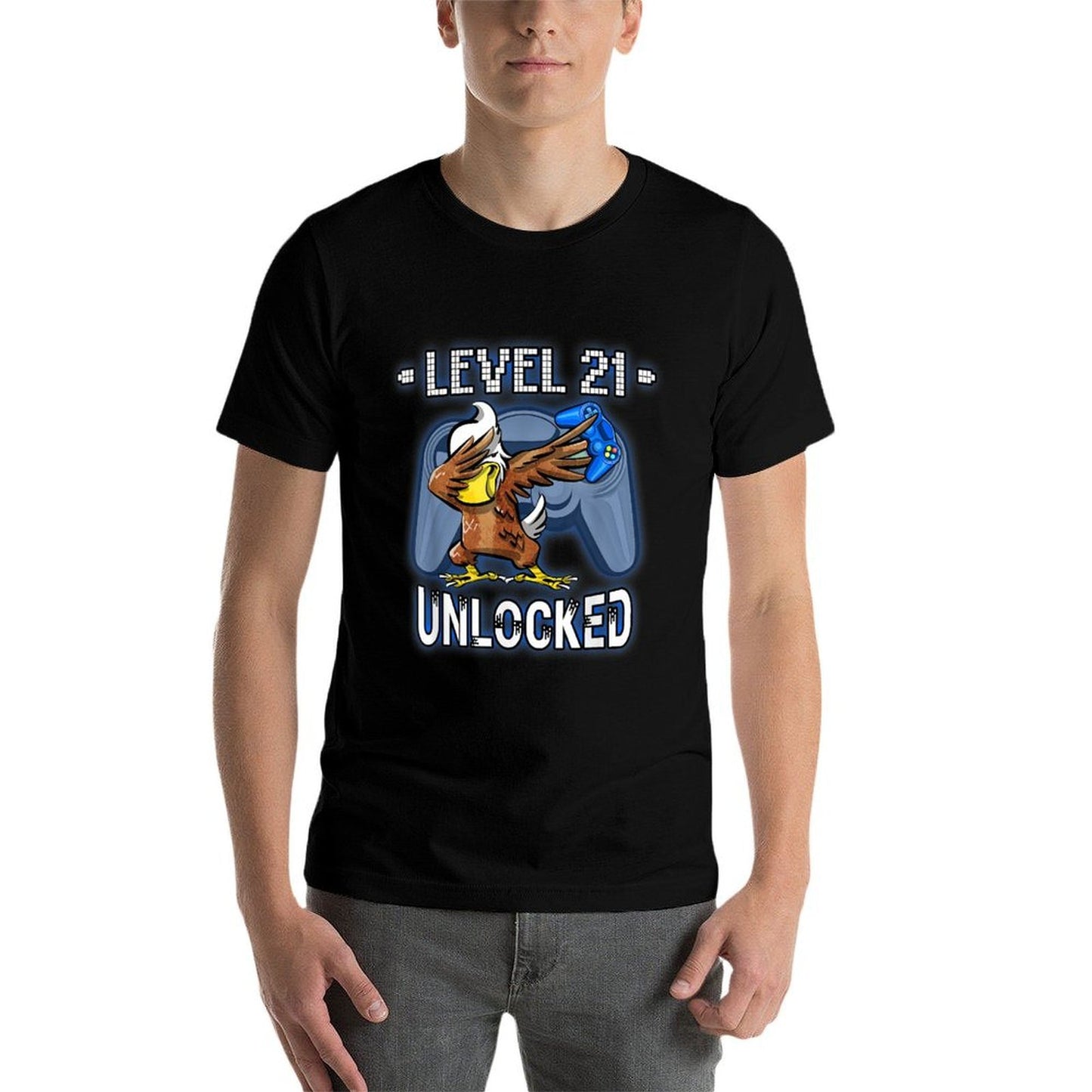 Level 21 Unlocked - Funny Dabbing Eagle Gamer 21st Birthday Fade-proof Color T-Shirt