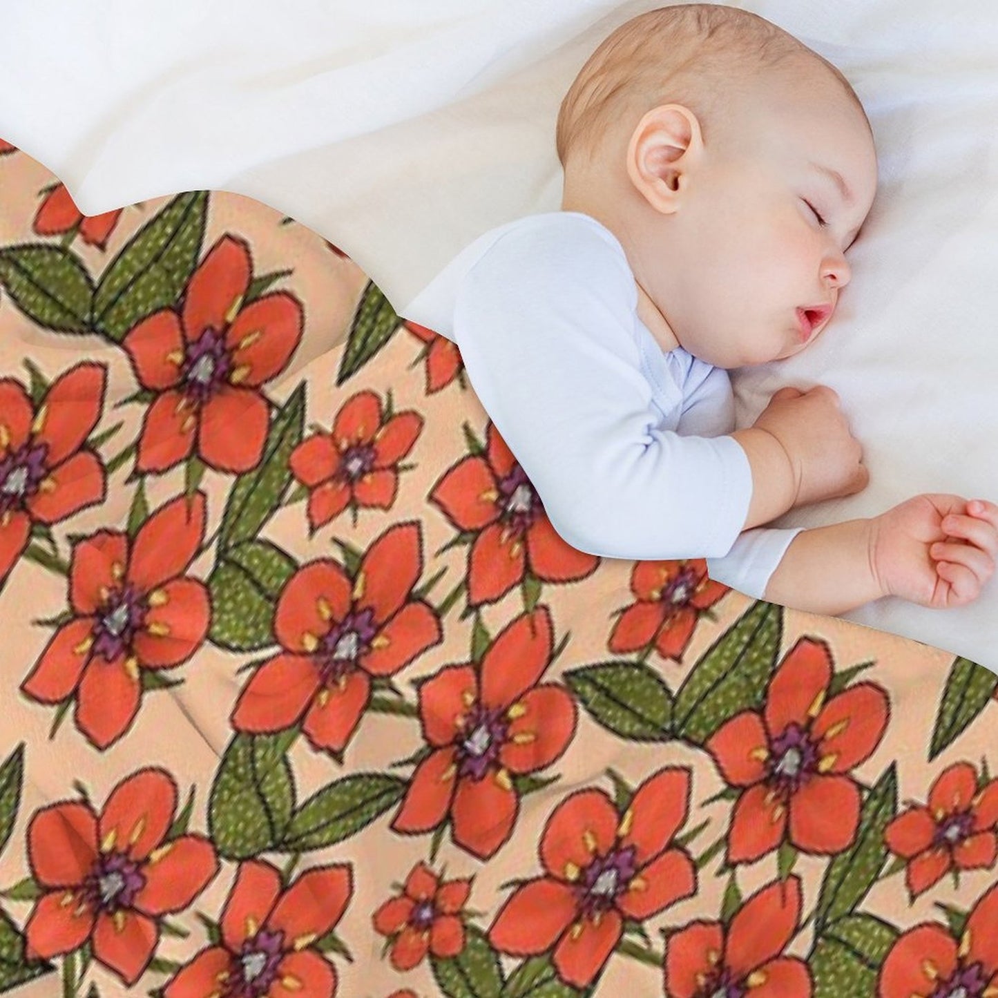 Scarlet Pimpernel Floral Design, Red And Purple Flowers with Green Leaves on A Peach Fuzz Background Easy Care Throw Blanket