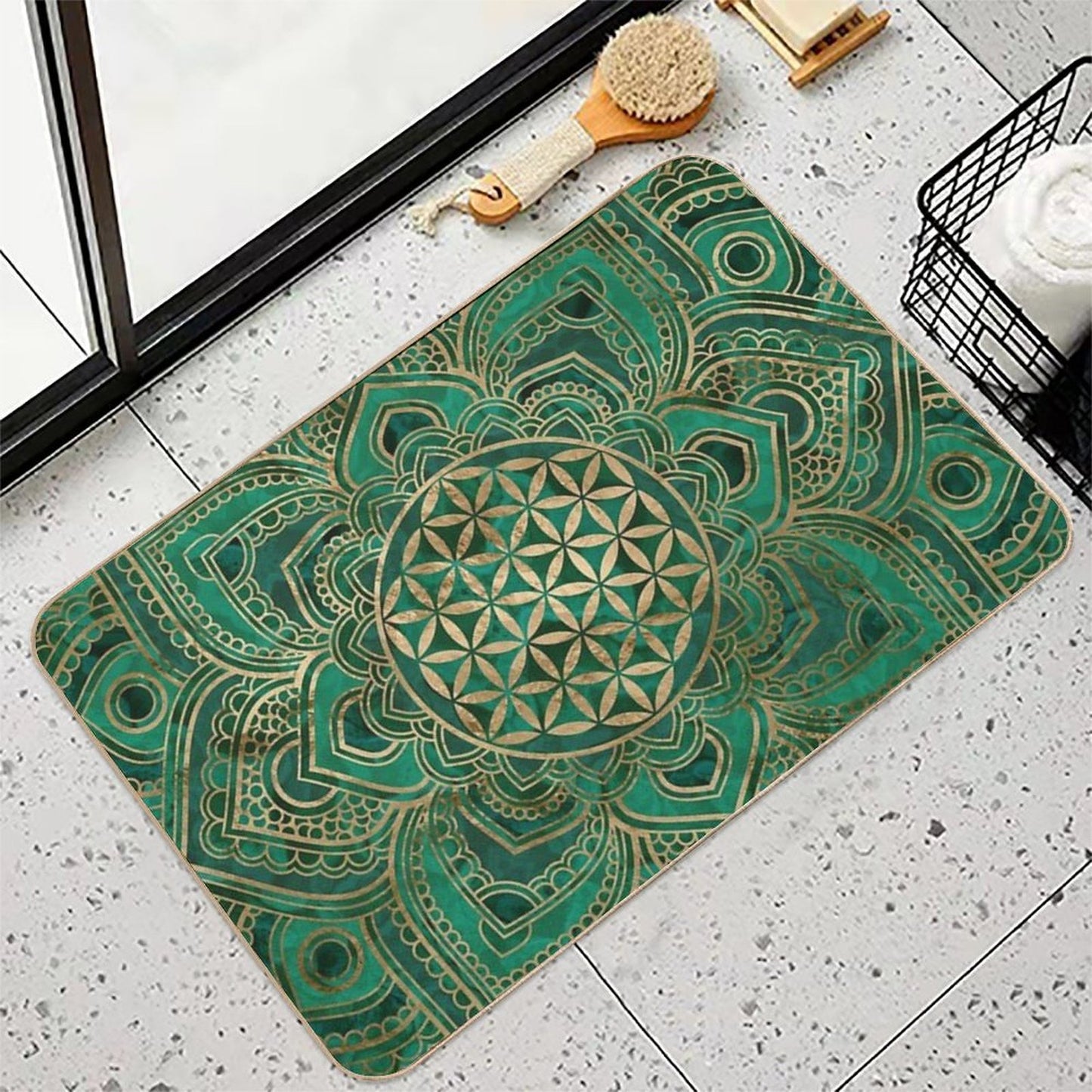 Flower of Life in Lotus - Malachite And Gold Anti-Trip Bath Mat