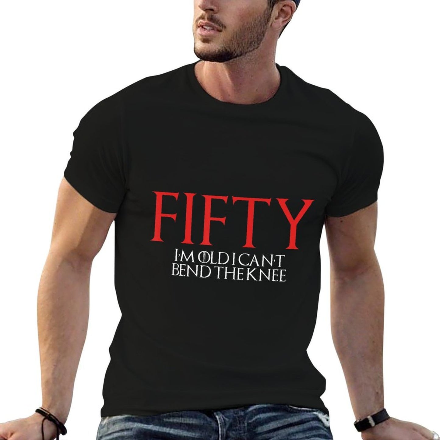 50th Birthday Gifts - FIFTY Im Old Can't Bend The Knee Ribbed Collar T-Shirt