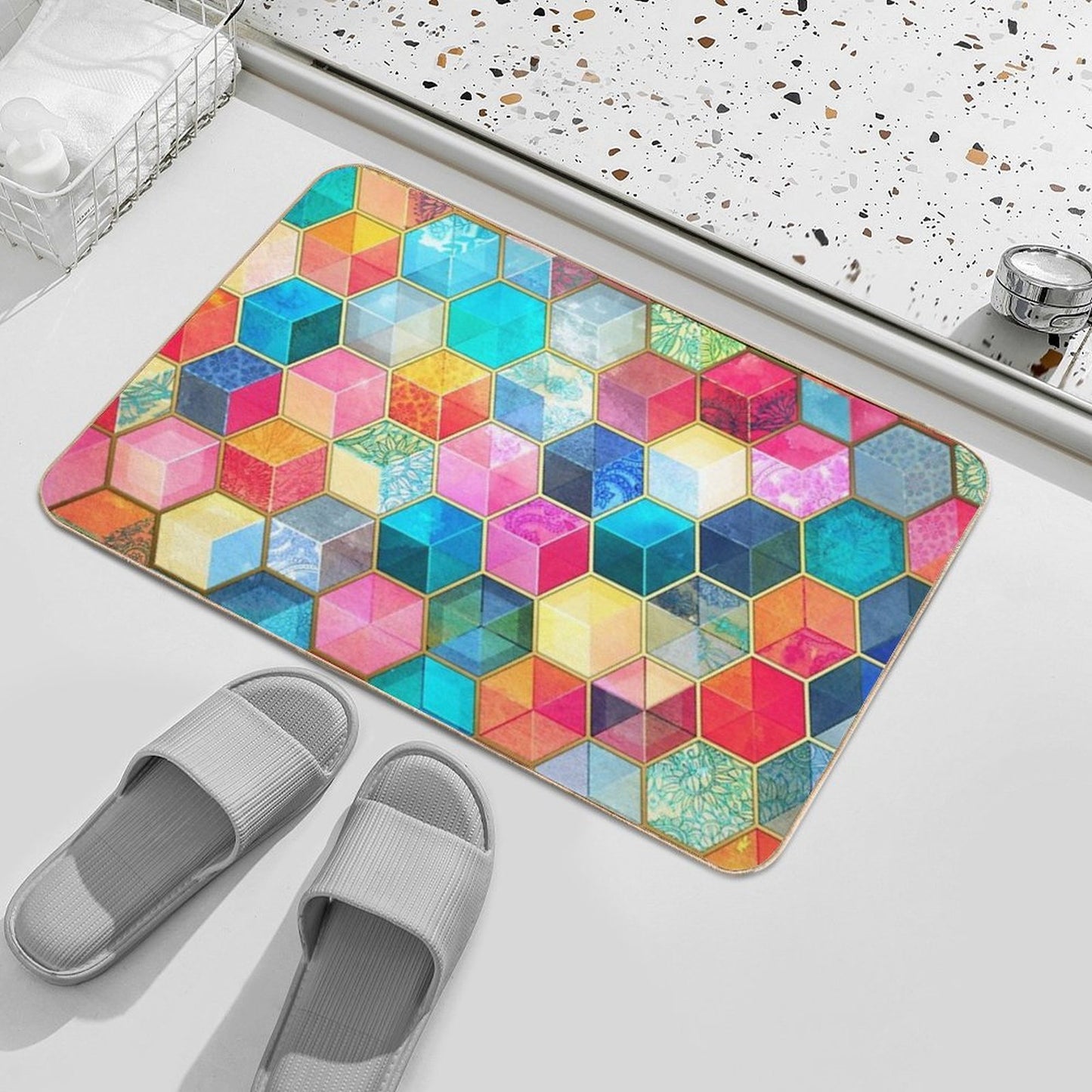 Crystal Bohemian Honeycomb Cubes - Colorful Hexagon Pattern Non-Slip Bath Mat
