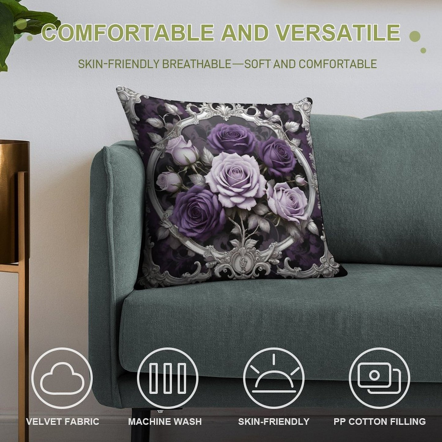 Matte Lilac & Purple Roses With Silver Rococo Soft Shrink-Resistant Throw Pillow