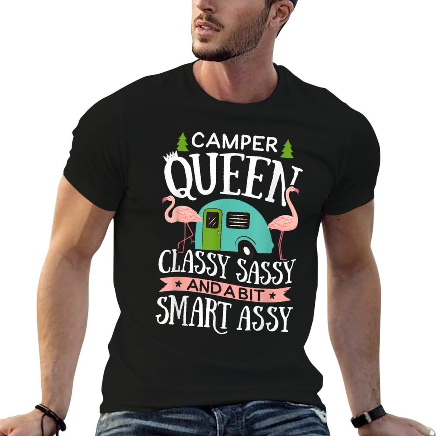 Camper Queen Classy Sassy Smart Funny Women Girls Camping RV Ribbed Collar T-Shirt
