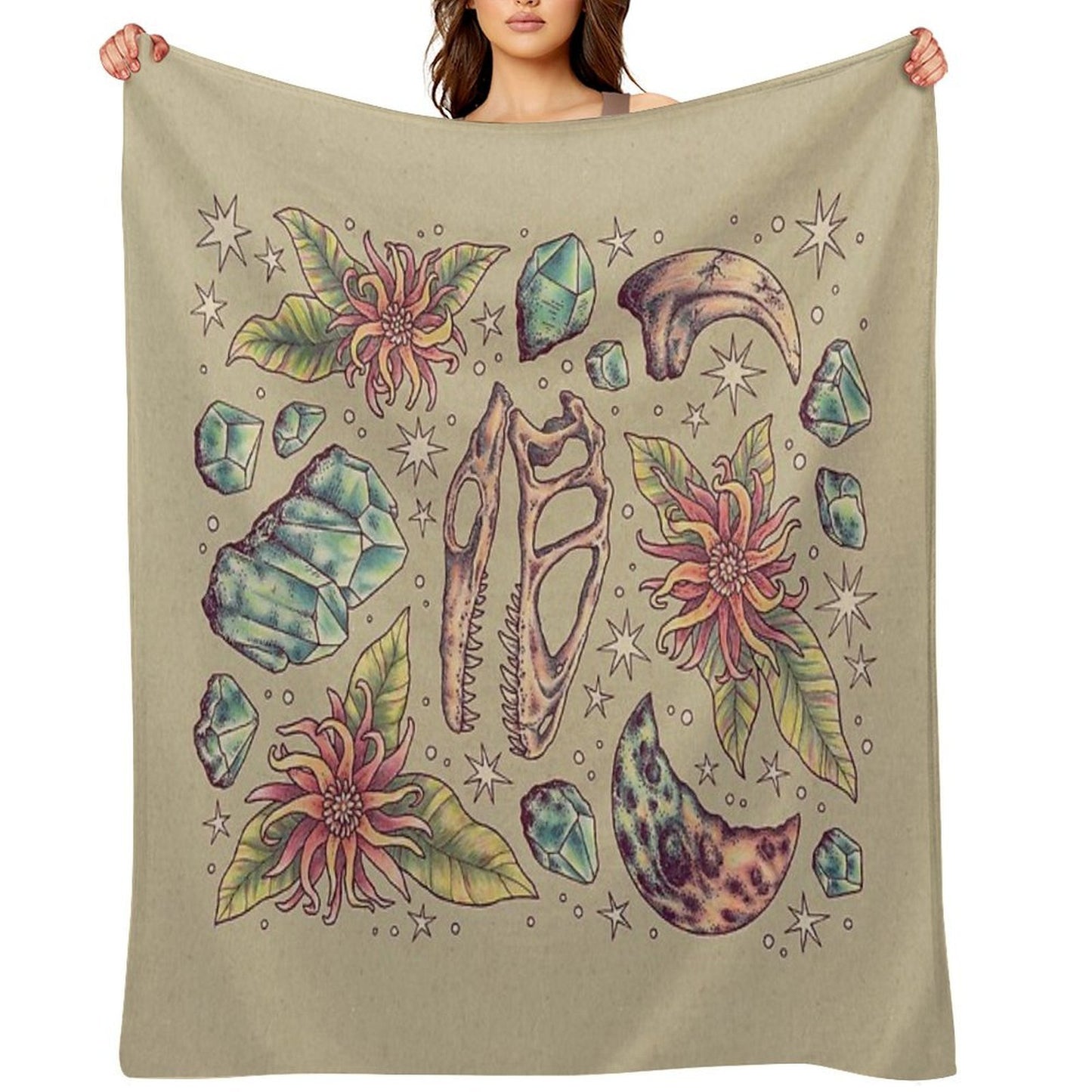 Deinonychus Dreams Dinosaur Botanical Art Gift-ready Throw Blanket