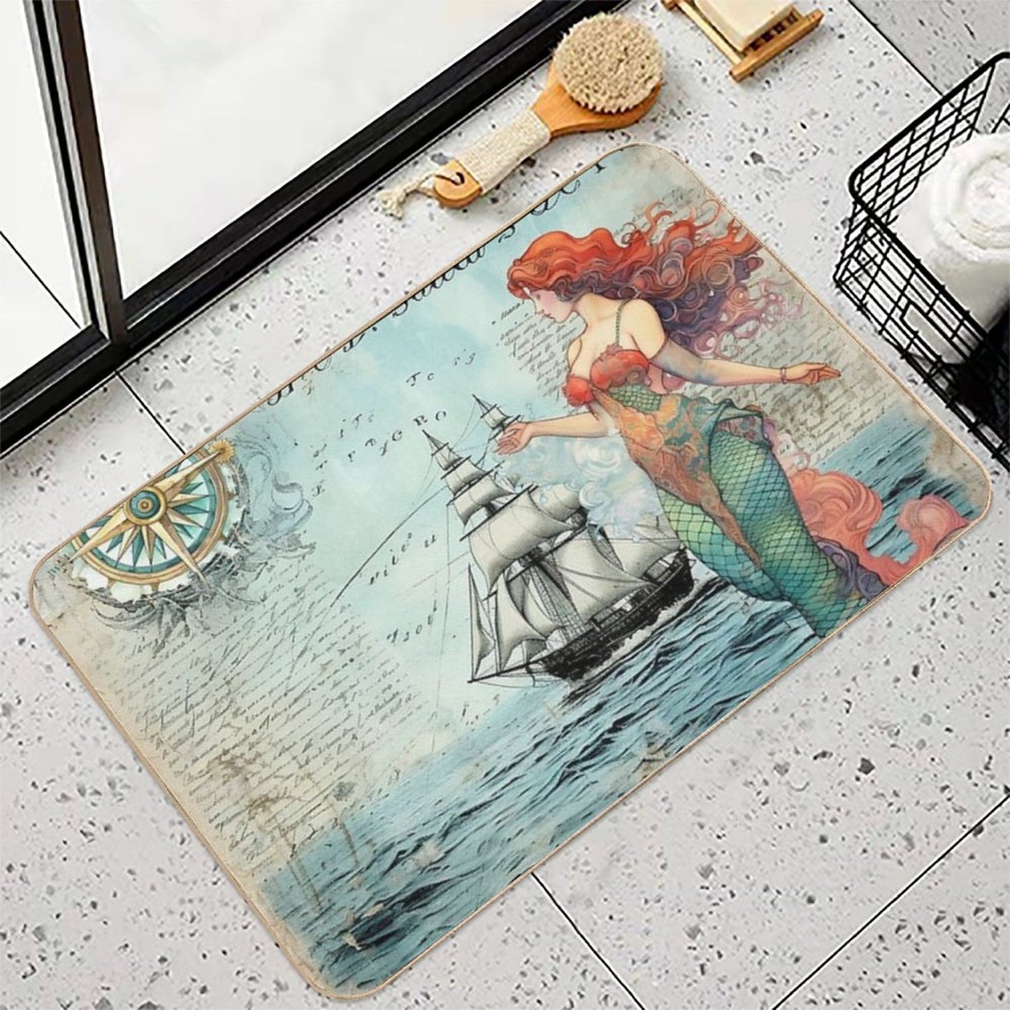 Vintage Mermaid Nautical Fade-Resistant Bath Mat