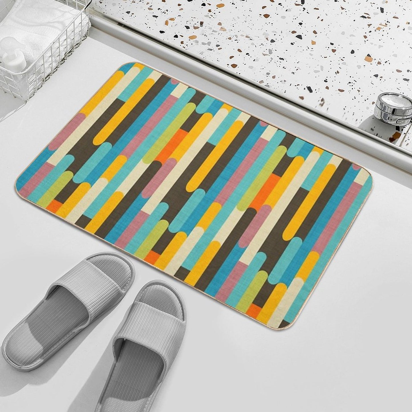 Retro Color Block Popsicle Sticks Blue Durable Bath Mat