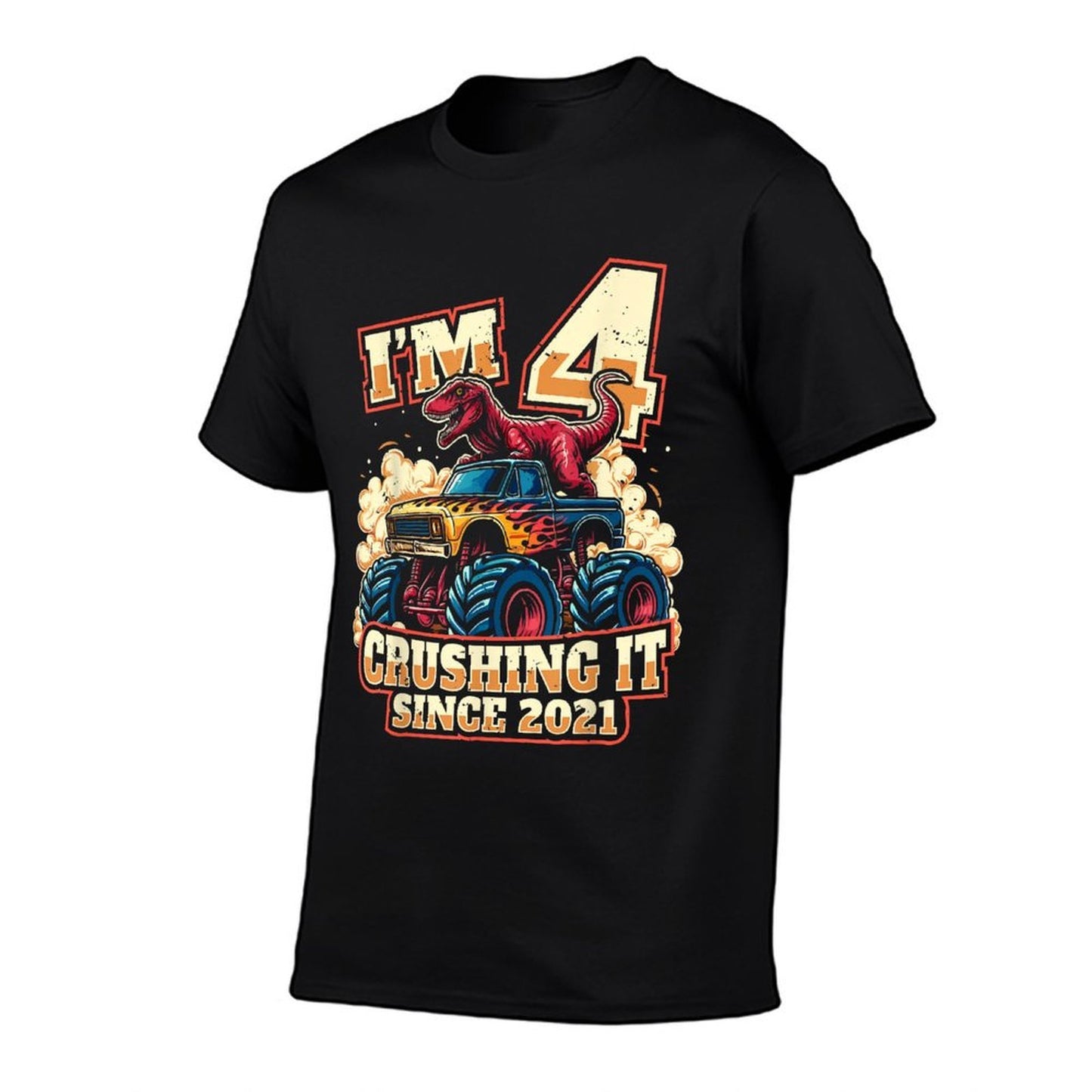 4 Year Old Boys 4th Birthday Dinosaur Monster Truck Party Rolled Sleeves T-Shirt