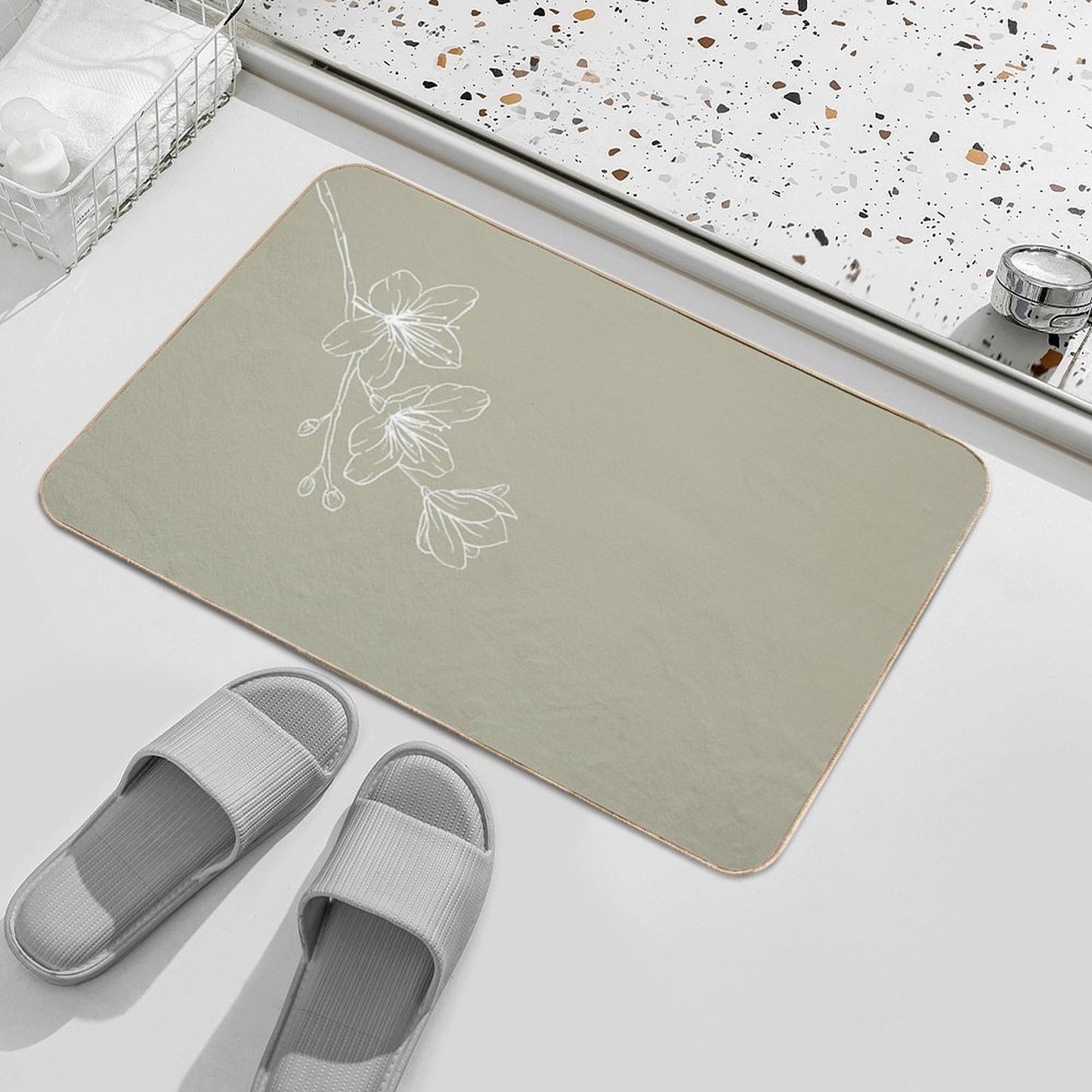 Minimal Flower Print Green Fade-Resistant Bath Mat