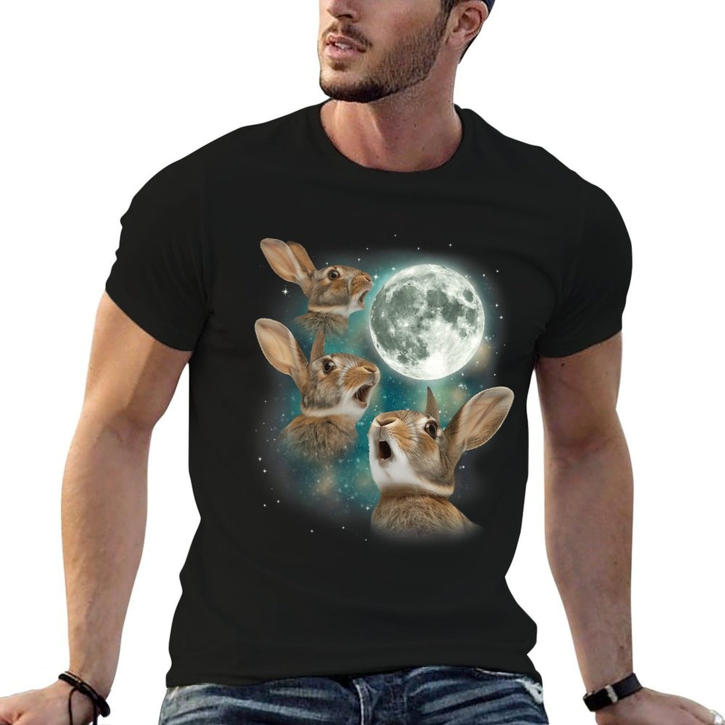 Three Bunny Moon 3 Rabbit Meme Humorous Cute Wildlife High-quality Stitching T-Shirt