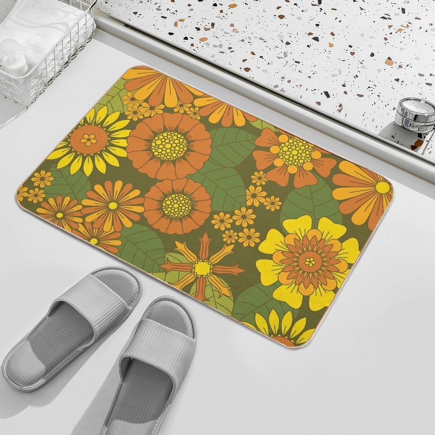Orange, Brown, Yellow And Green Retro Daisy Pattern Durable Bath Mat