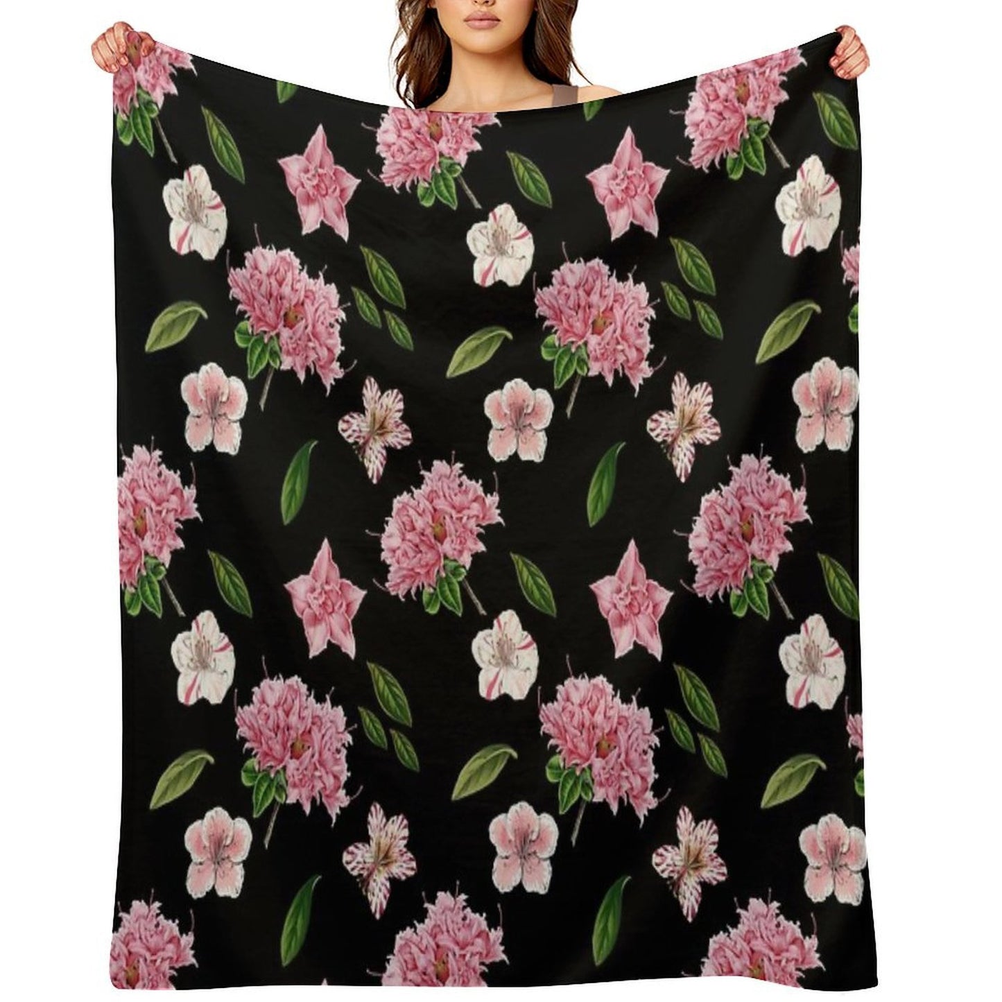 Black And Pink Floral Wrinkle-free Throw Blanket
