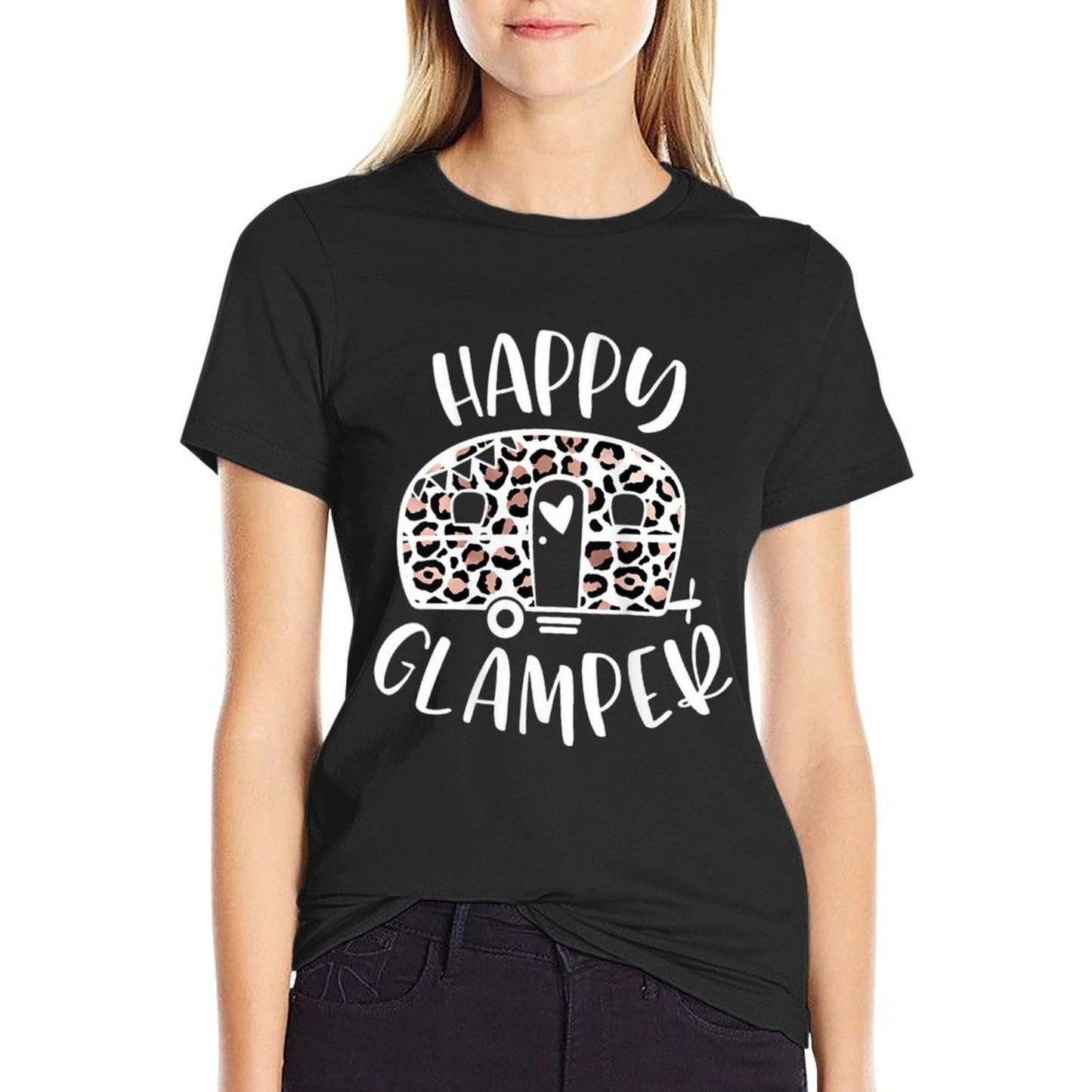 Womens Happy Glamper Trendy Leopard Camping Adventure Durable T-Shirt