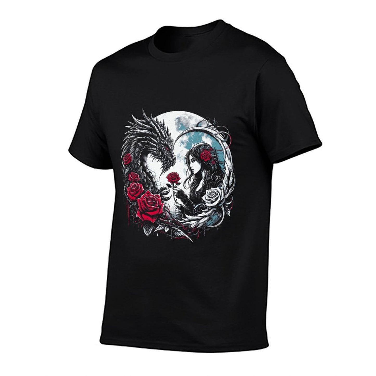 Gothic Dragon And Rose Full Moon Mystical Dark Fantasy Art Premium Fade-proof Color T-Shirt