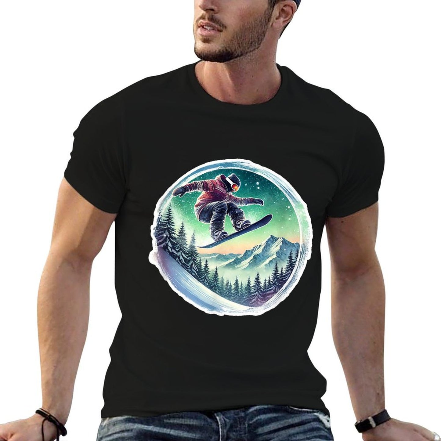 Snowboarder's Twilight Ride Ribbed Collar T-Shirt