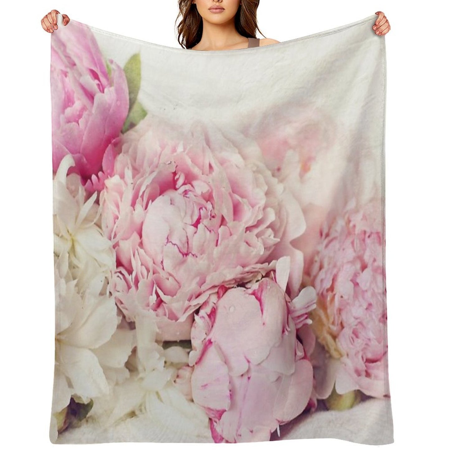 Peonies on White Shrink-resistant Throw Blanket