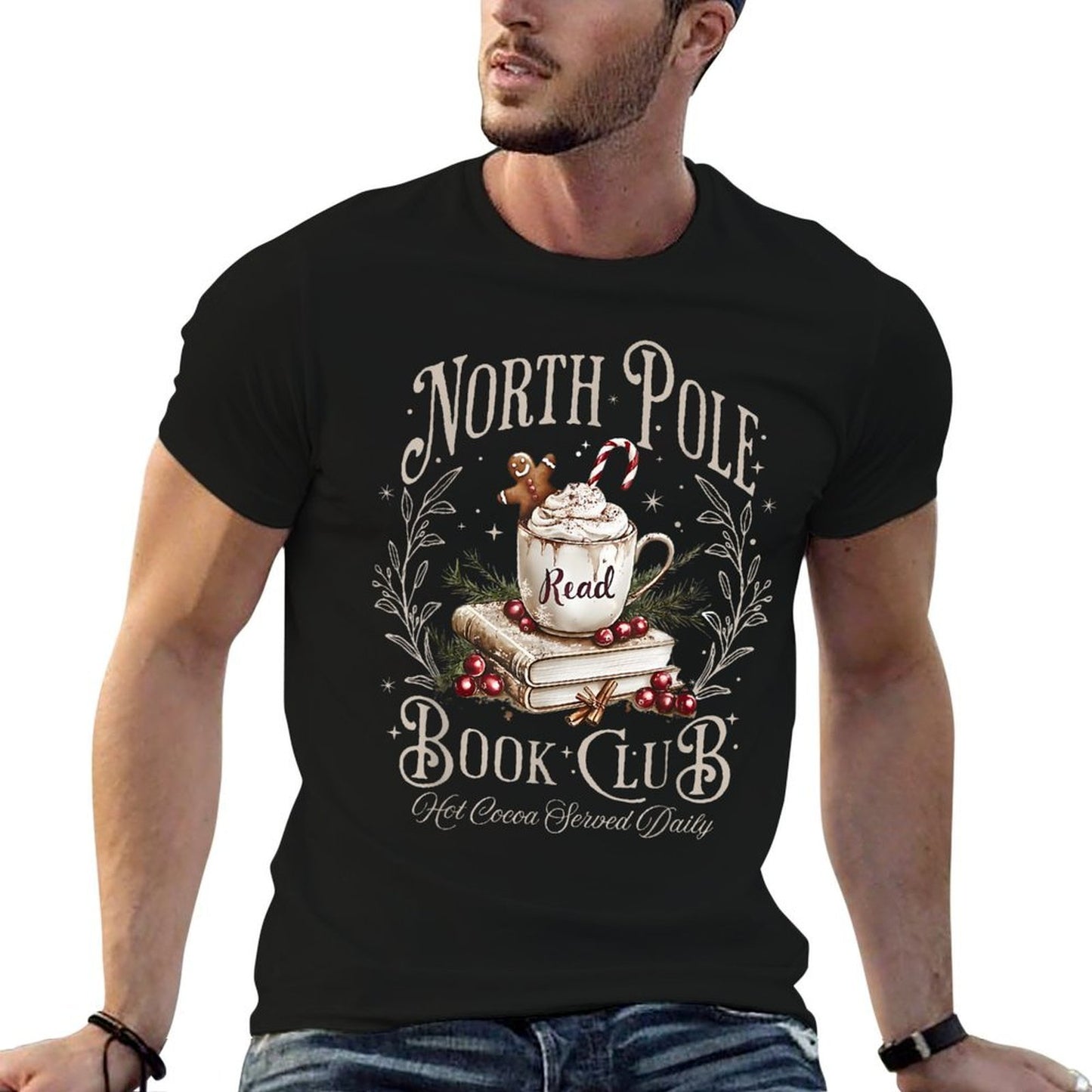 All Booked for Christmas Coquette Xmas Book Club Book Lovers Ribbed Collar T-Shirt