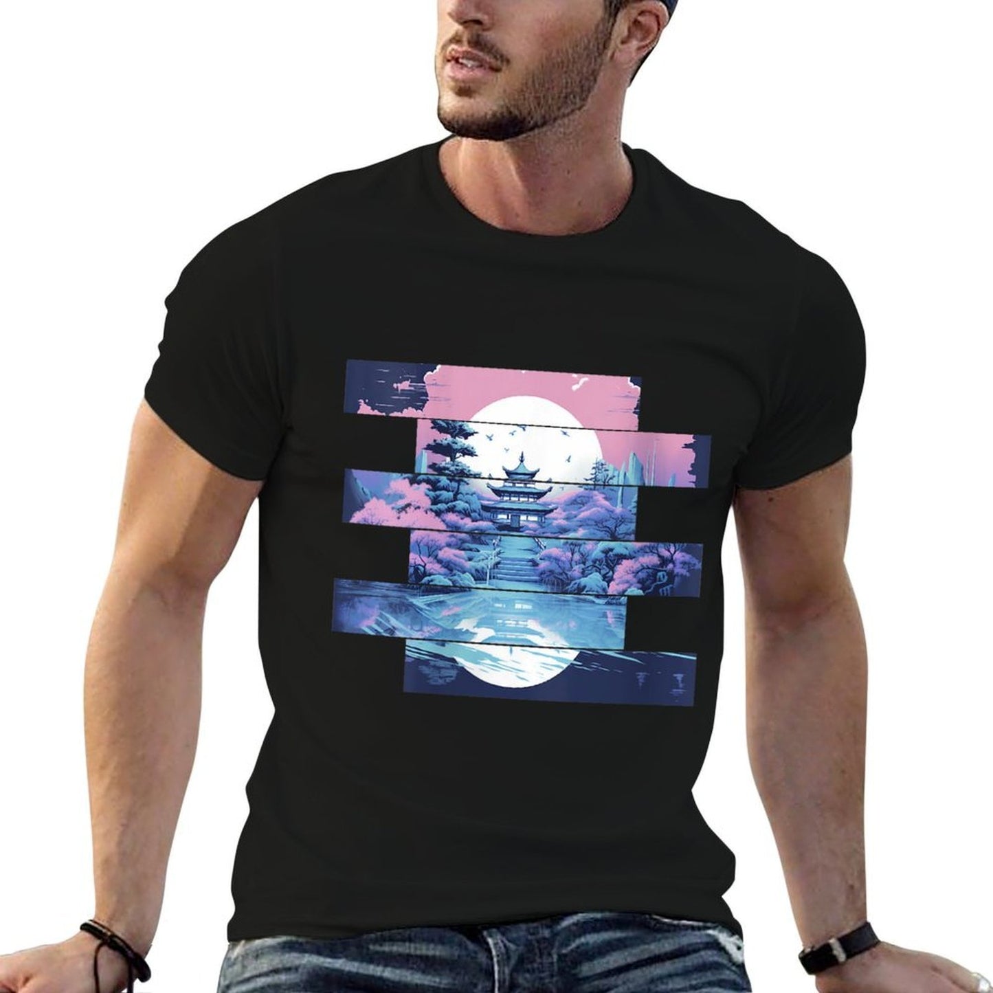 Womens Serenity in Stripes Tranquil Temple at Twilight Comfortable T-Shirt