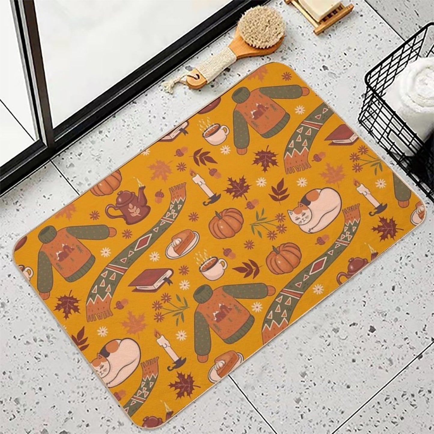 Autumn Cute Pattern on Yellow Background Fade-Resistant Bath Mat