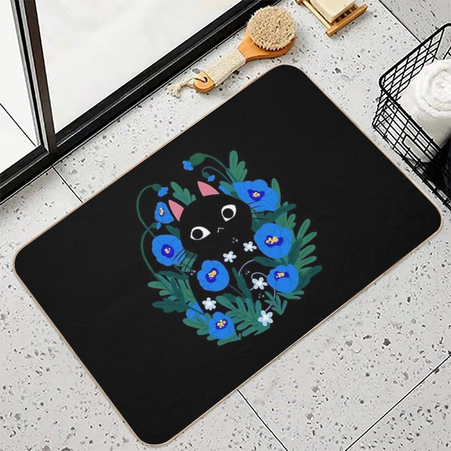 Blue Flower Black Cat Easy To Clean Bath Mat