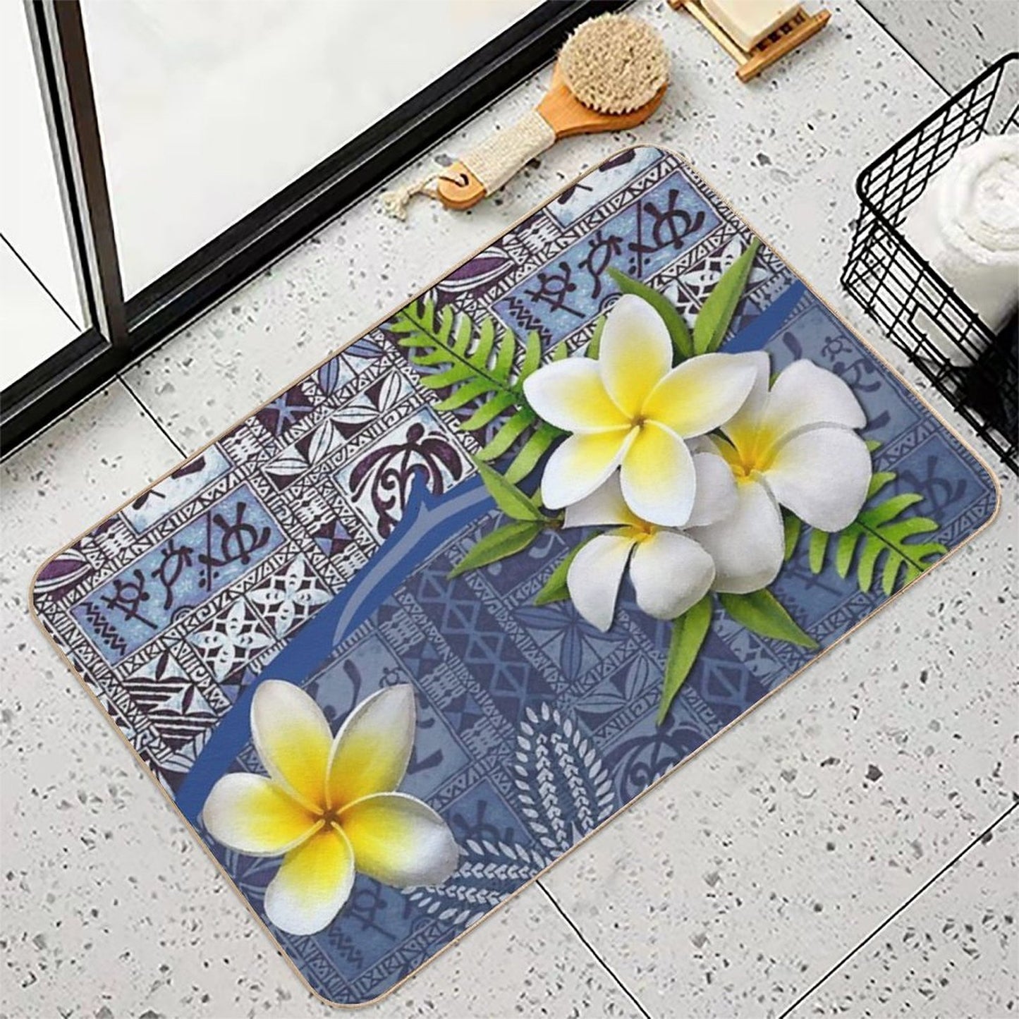 Blue Hawaiian Tapa And Plumeria High-Traffic Bath Mat