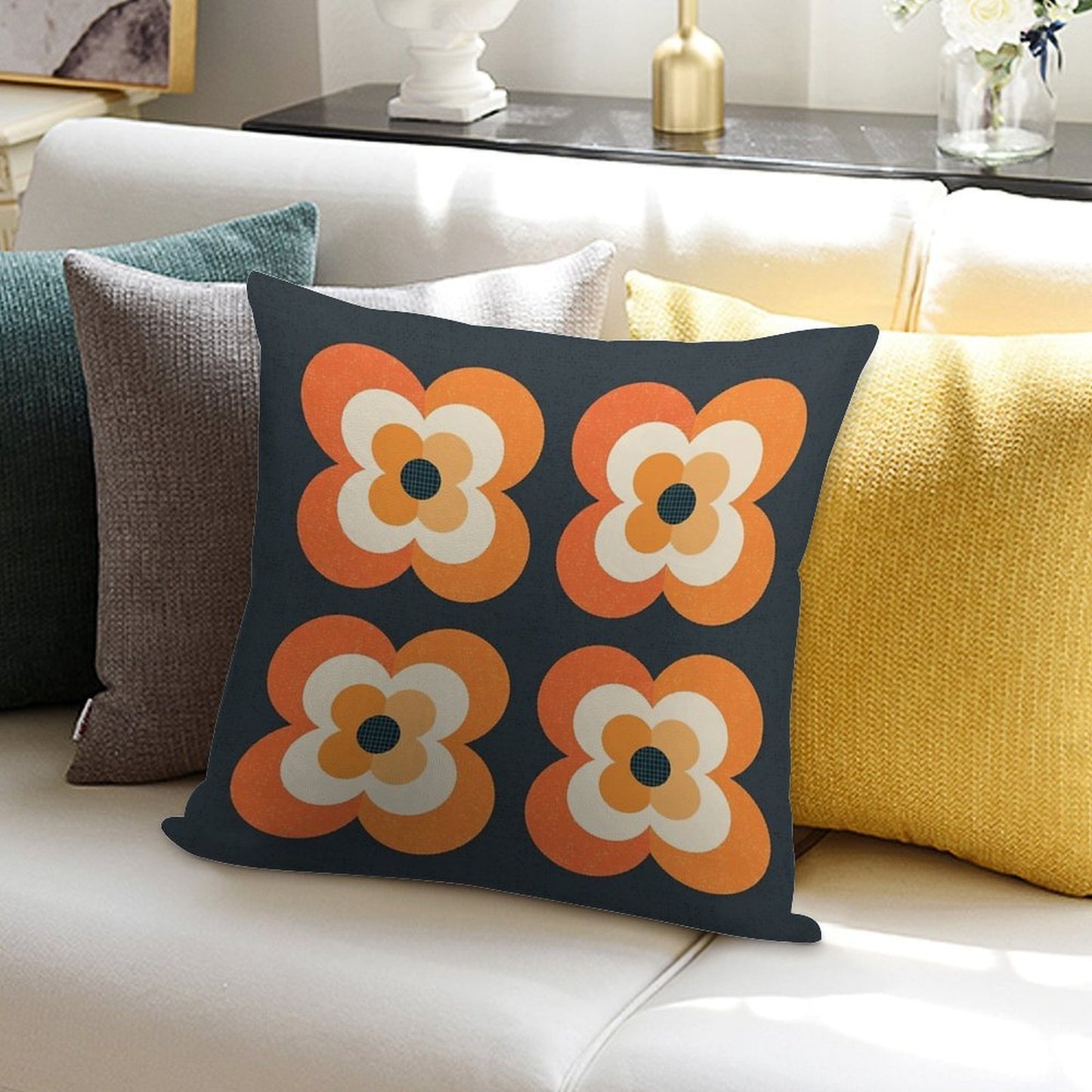 Retro Flowers - Orange And Charcoal Soft Bedroom Essential Throw Pillow