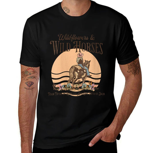 Womens Wildflowers  Wild Horses Western Cowgirl Cowboy  Wrinkle-resistant T-Shirt