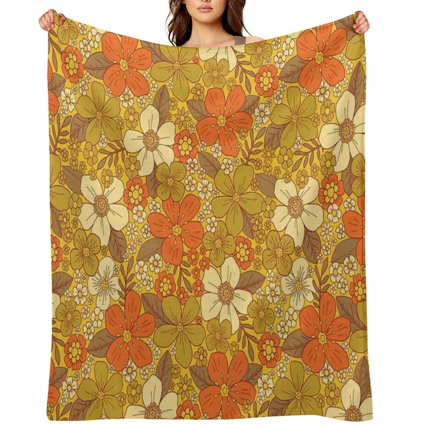 Retro 60s70s Orange & Olive Green Floral Easy Care Throw Blanket