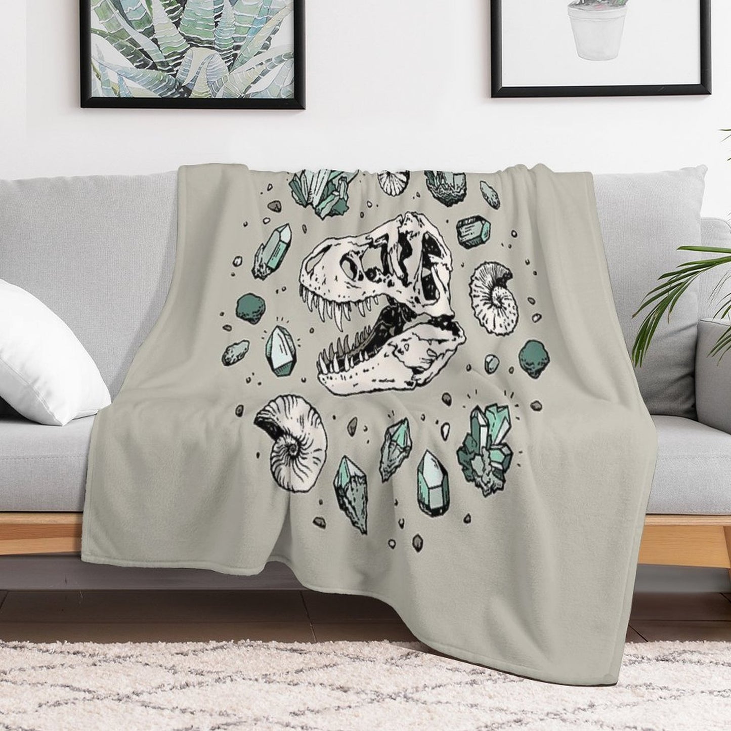 Geo-rex Vortex Aquamarine Dinosaur Skull Fossil Art Gift-ready Throw Blanket