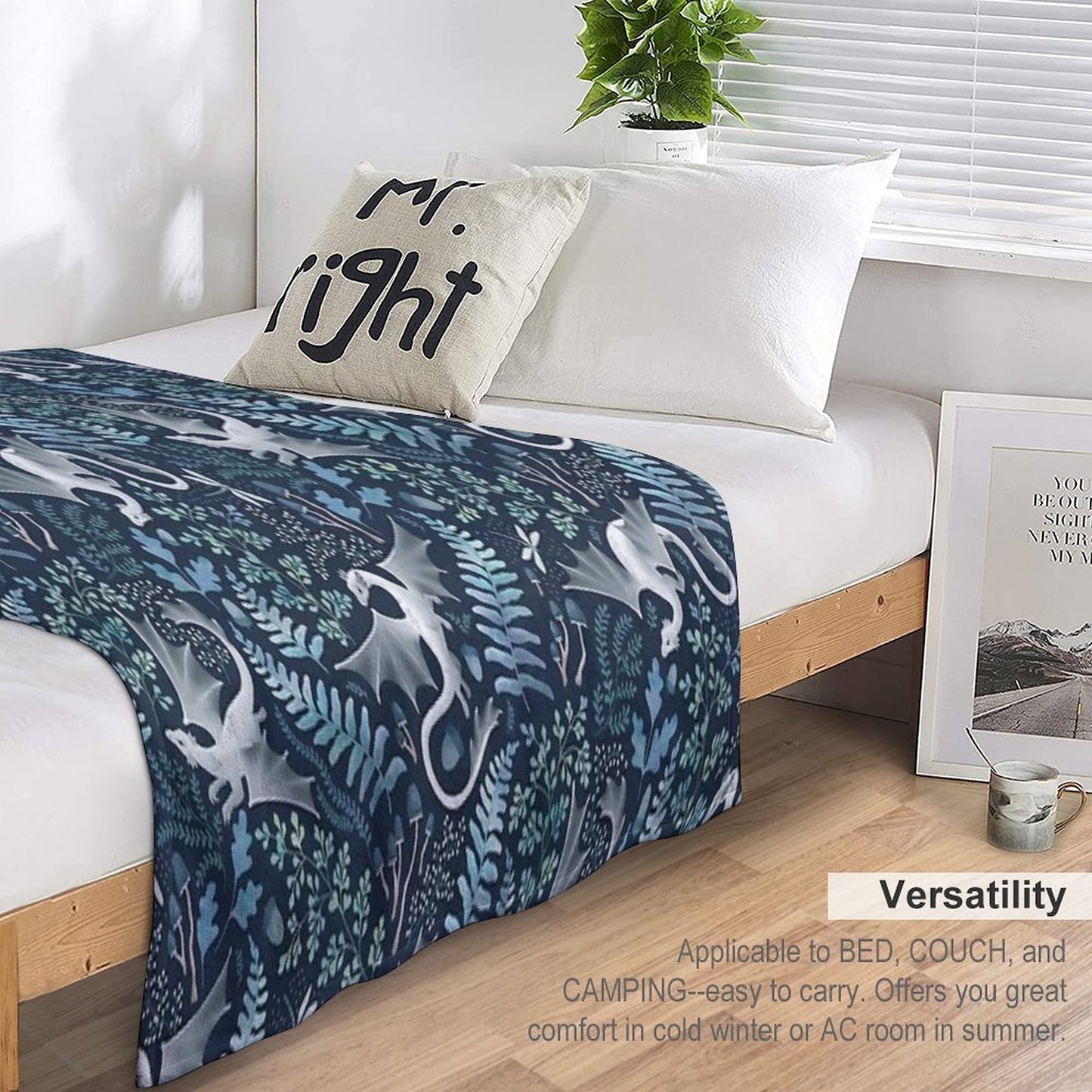 Forest Dragons in Shades of Blue And Green on Navy Blue Travel-friendly Throw Blanket