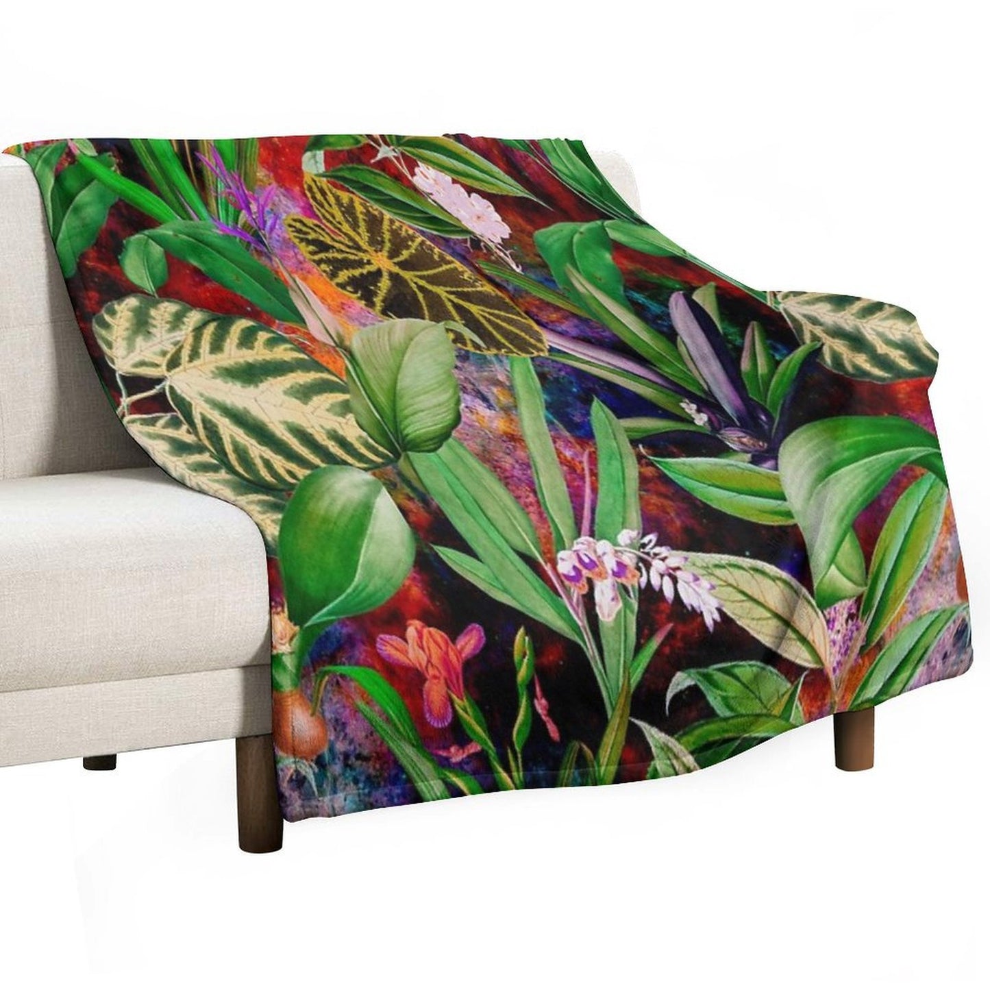 Exotic Tropical Foliage, Leaves And Flowers Tropical Pattern, Botanical Illustration, Red Blue Floral Illustration Versatility Throw Blanket